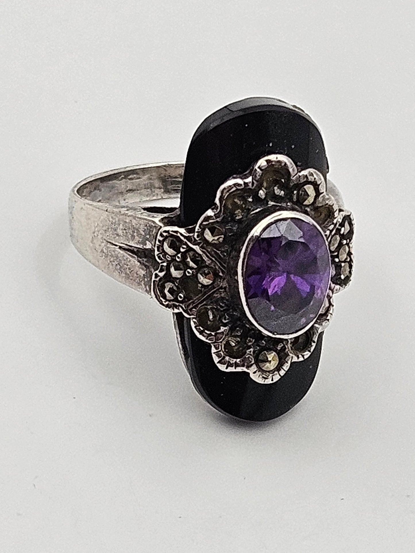 Antique Art Deco Amethyst Onyx Marcasite Sterling Silver Ring