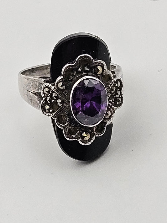 Antique Art Deco Amethyst Onyx Marcasite Sterling Silver Ring