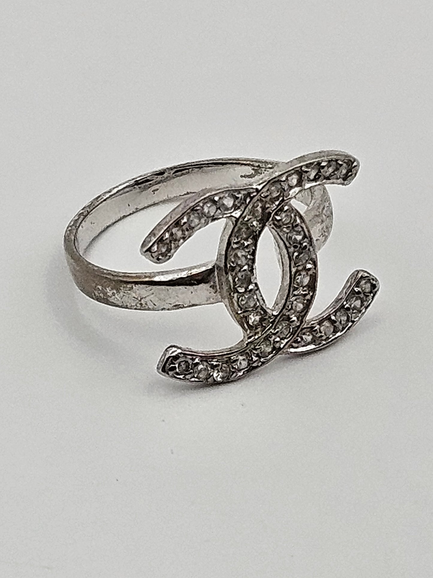 Vintage Chanel CC Sterling Silver Pave CZ Ring