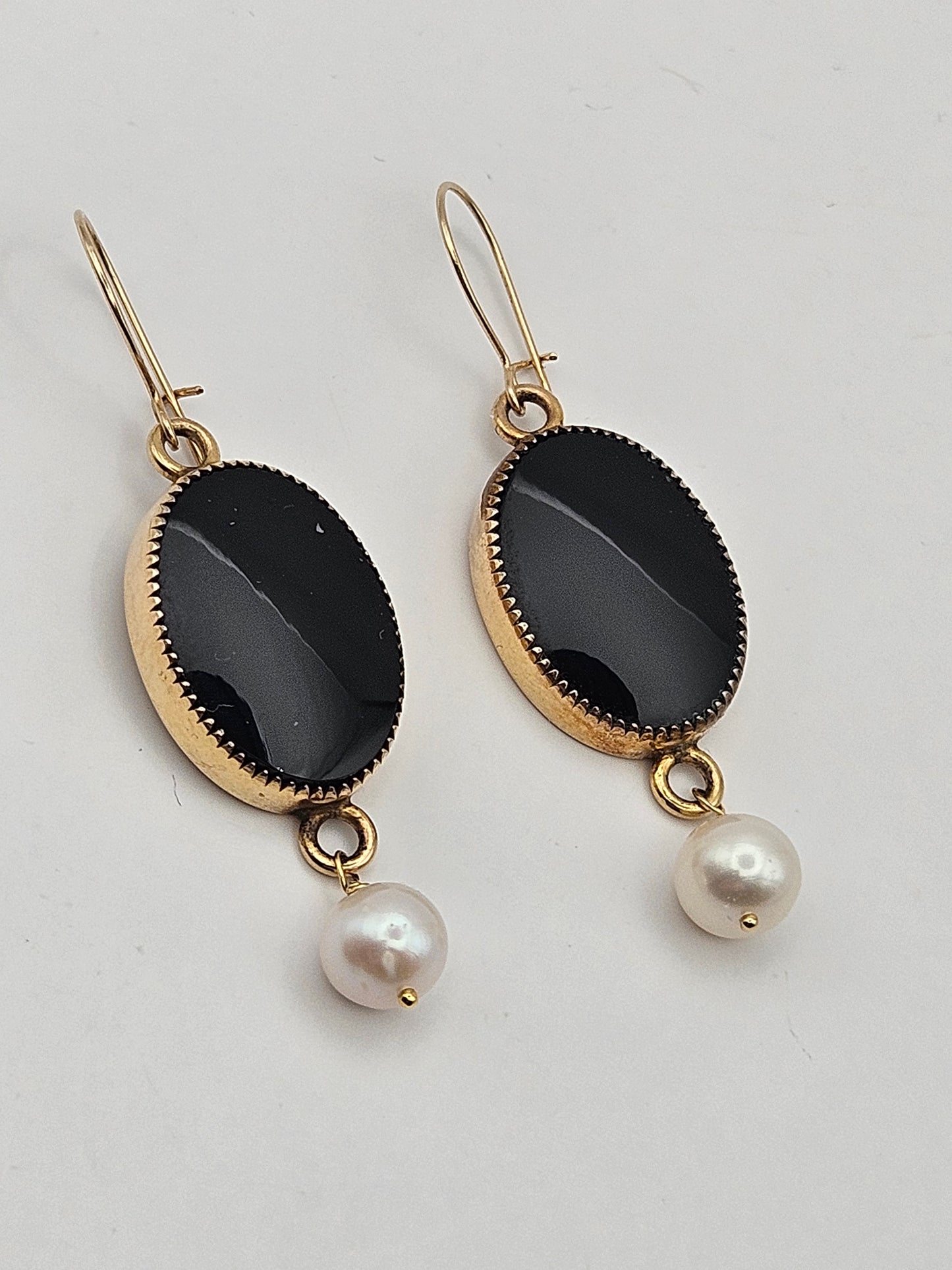 14k Gold Filled Vintage 50's Onyx Bezel Set Connector Freshwater Pearl Dangle Earrings