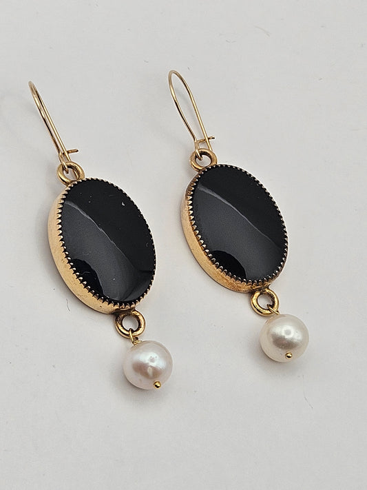 14k Gold Filled Vintage 50's Onyx Bezel Set Connector Freshwater Pearl Dangle Earrings