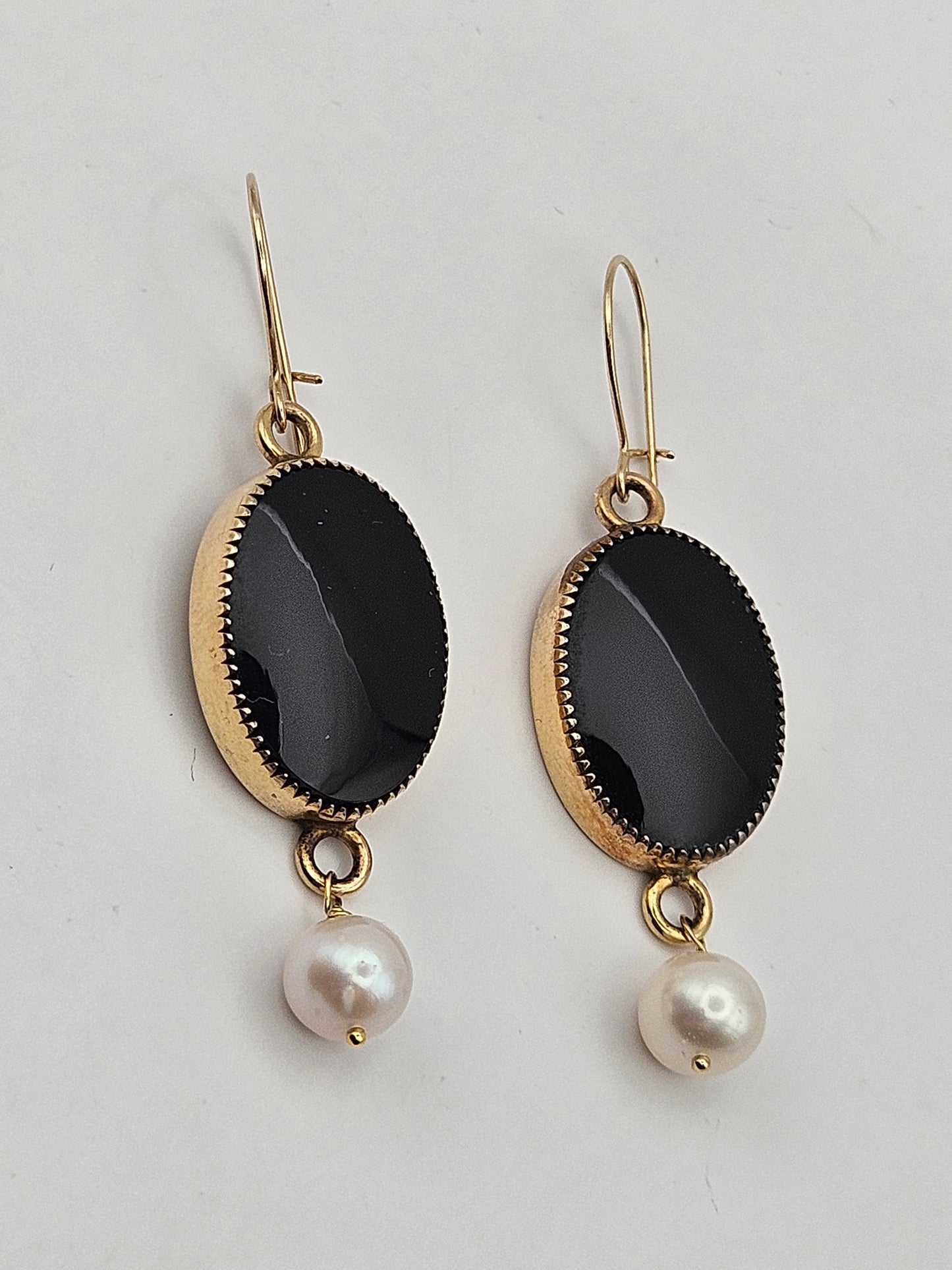 14k Gold Filled Vintage 50's Onyx Bezel Set Connector Freshwater Pearl Dangle Earrings