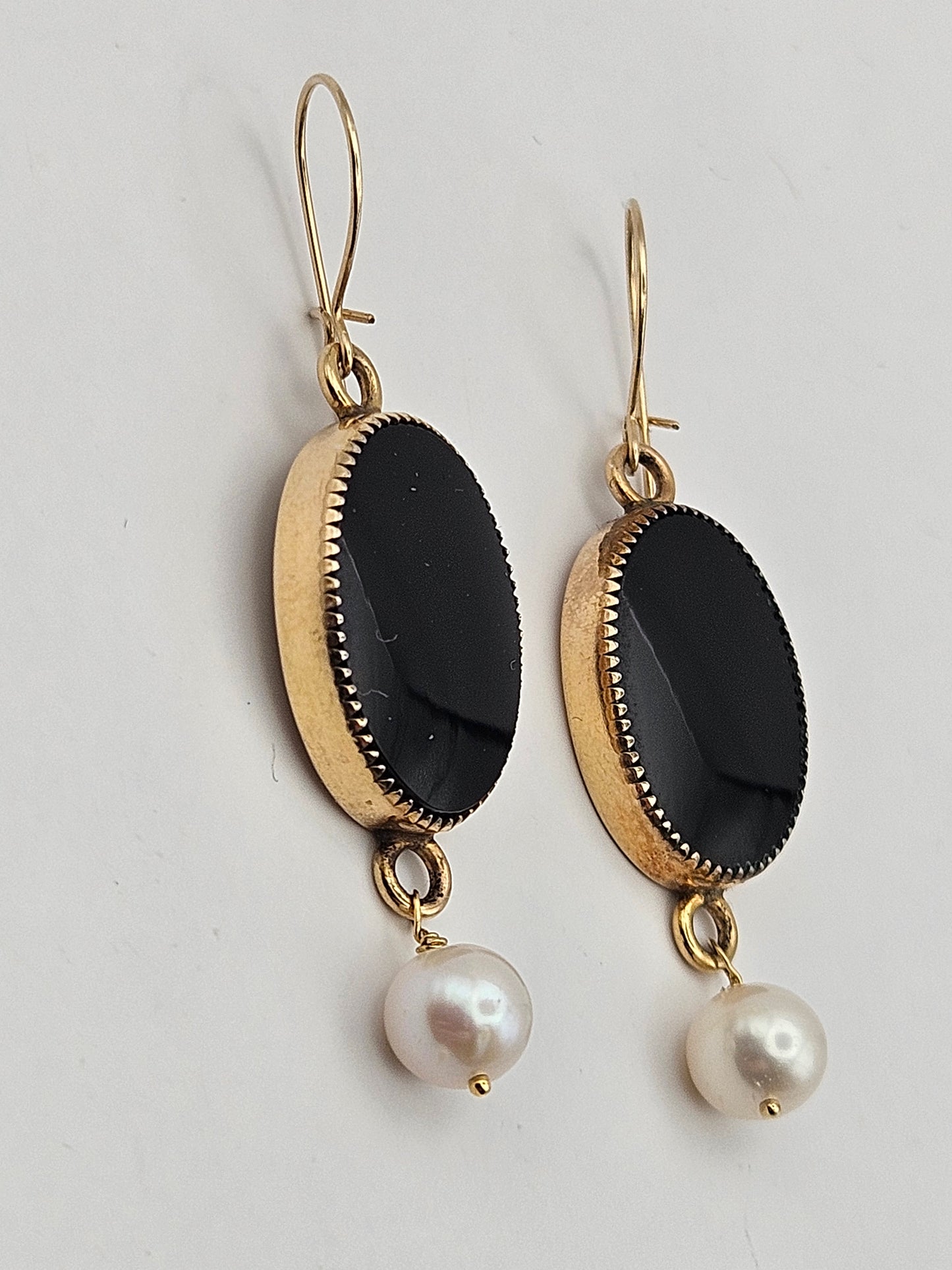 14k Gold Filled Vintage 50's Onyx Bezel Set Connector Freshwater Pearl Dangle Earrings