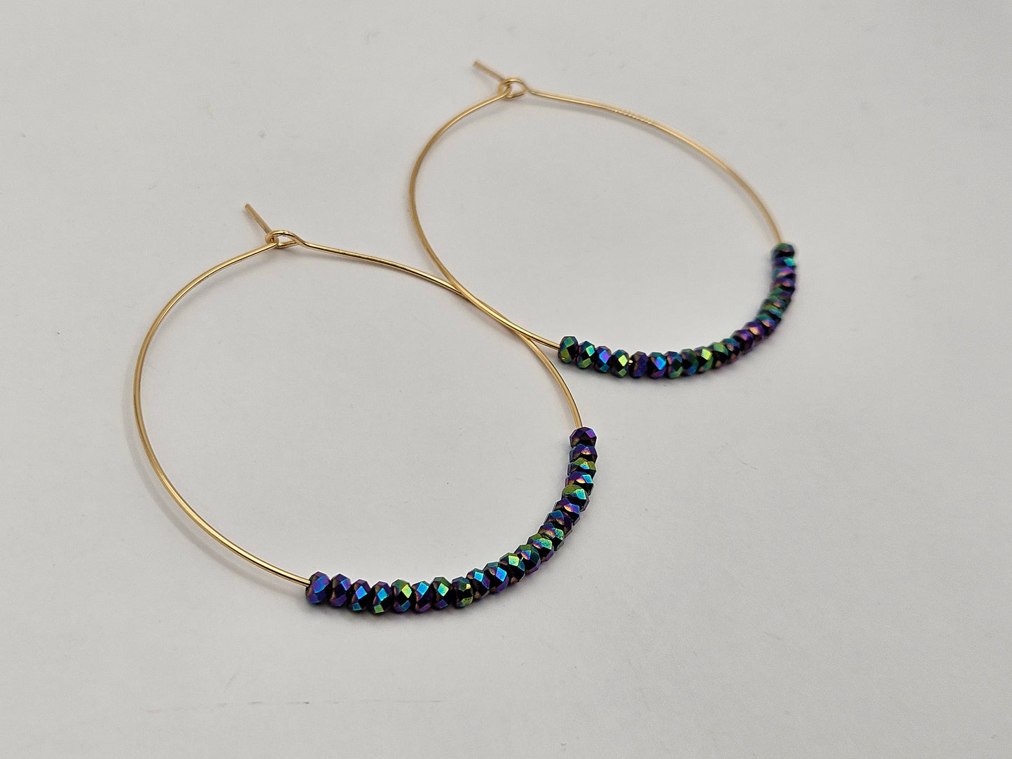 14k Yellow Gold-Filled Large Hoop & Peacock Hematite Bead Earrings