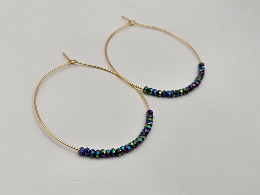 14k Yellow Gold-Filled Large Hoop & Peacock Hematite Bead Earrings