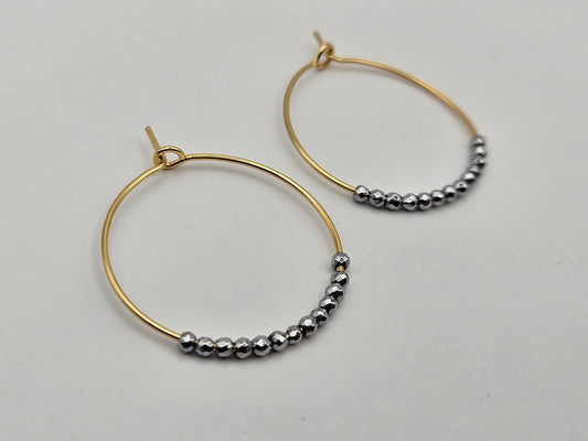 Mixed Metal 14k Yellow Gold-Filled Small Hoop & Hematite Bead (Silver Tone) Earrings