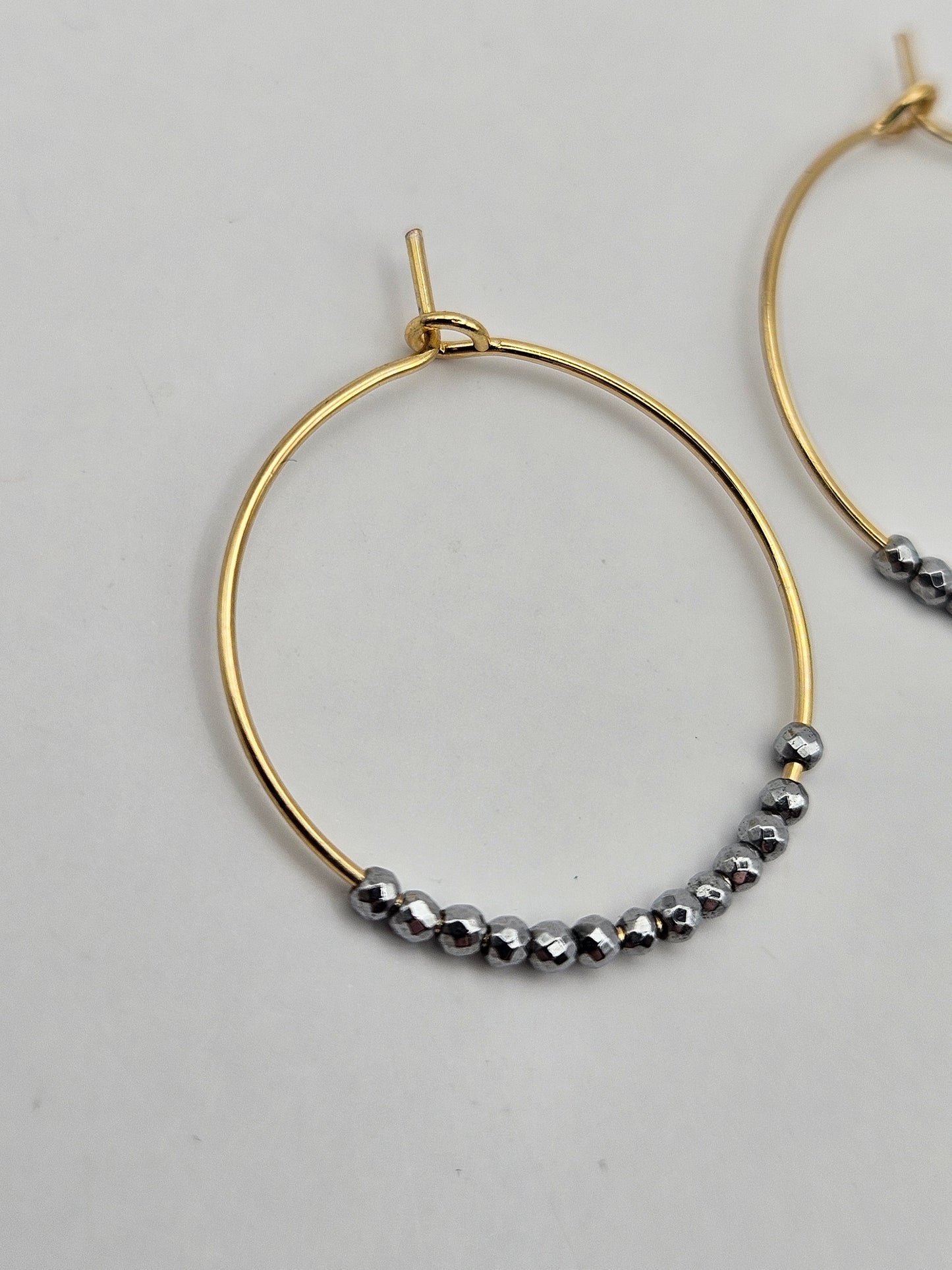 Mixed Metal 14k Yellow Gold-Filled Small Hoop & Hematite Bead (Silver Tone) Earrings