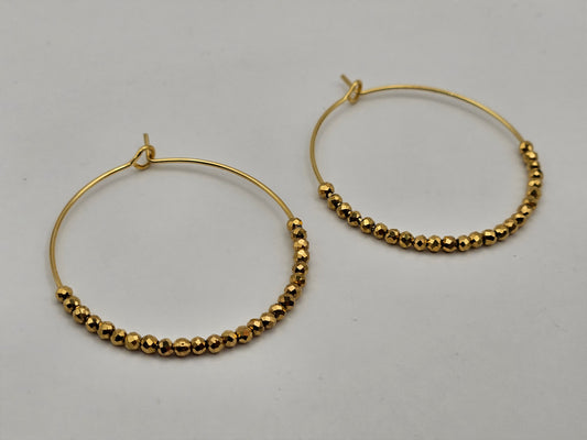 14k Gold Filled Hematite Beaded (Gold) Large Hoop Earrings