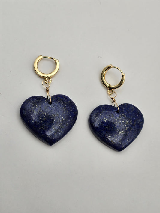 Lapis Lazuli Heart 14k Gold Filled Huggie Drop Earrings