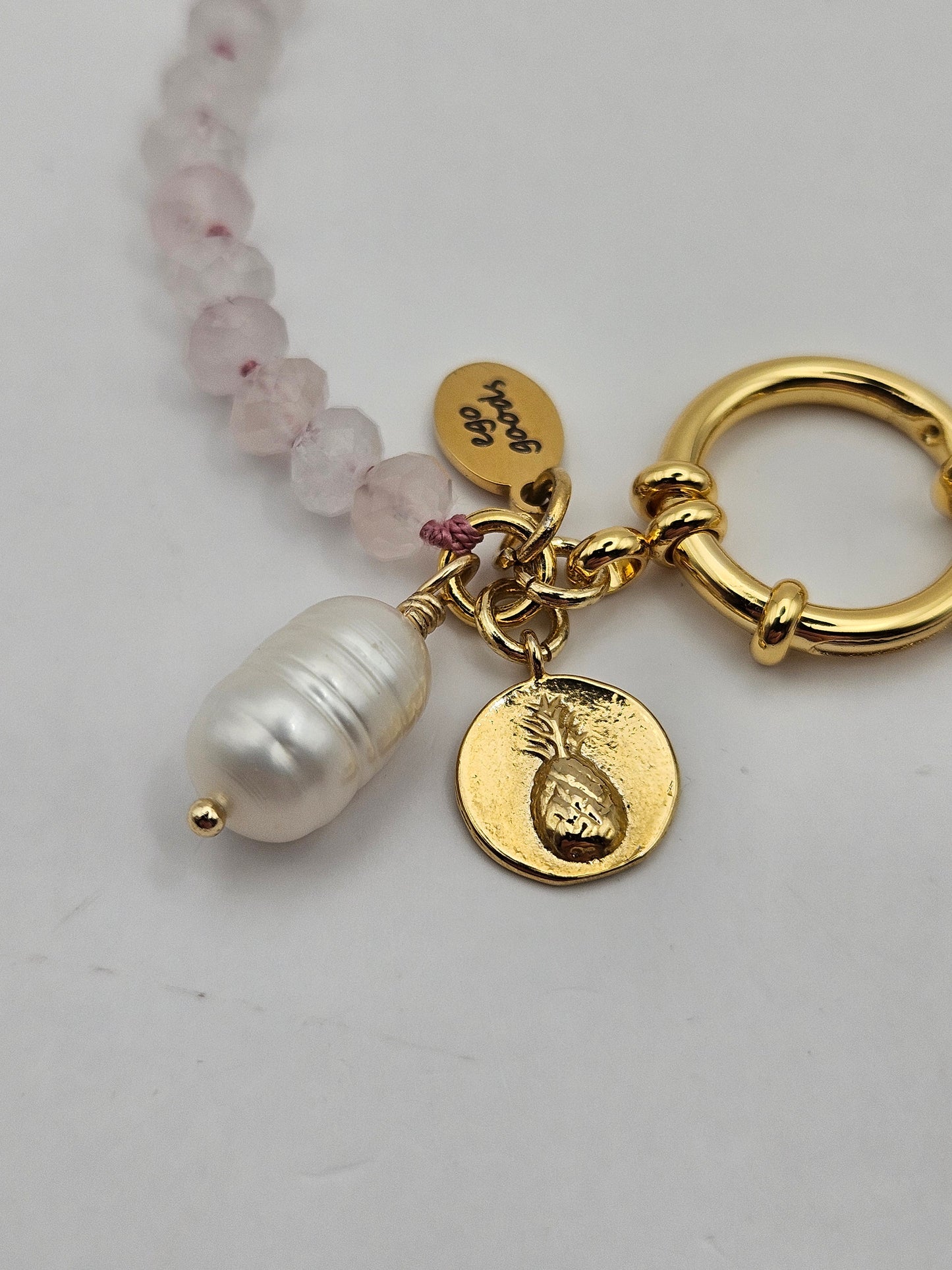 14kgf Pineapple Medallion Charm Freshwater Baroque Pearl Dangle Pink Quartz on Hand Knotted Silk Cord Bracelet