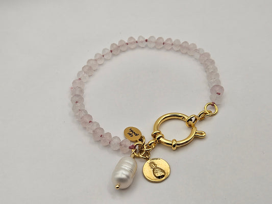 14kgf Pineapple Medallion Charm Freshwater Baroque Pearl Dangle Pink Quartz on Hand Knotted Silk Cord Bracelet