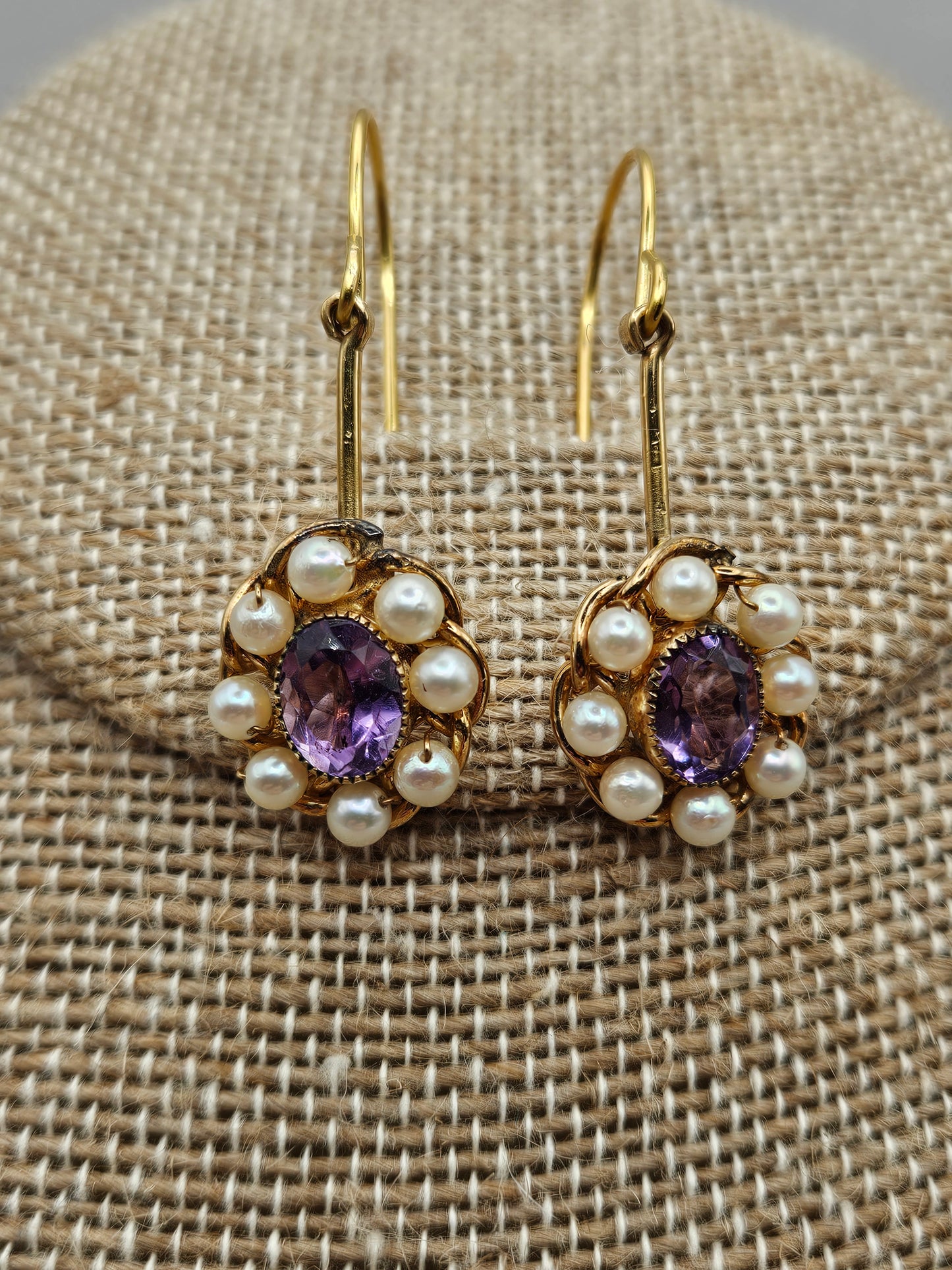 Amethyst Cultured Pearl Vintage 1950's Repurposed 12kgf Drop Earrings