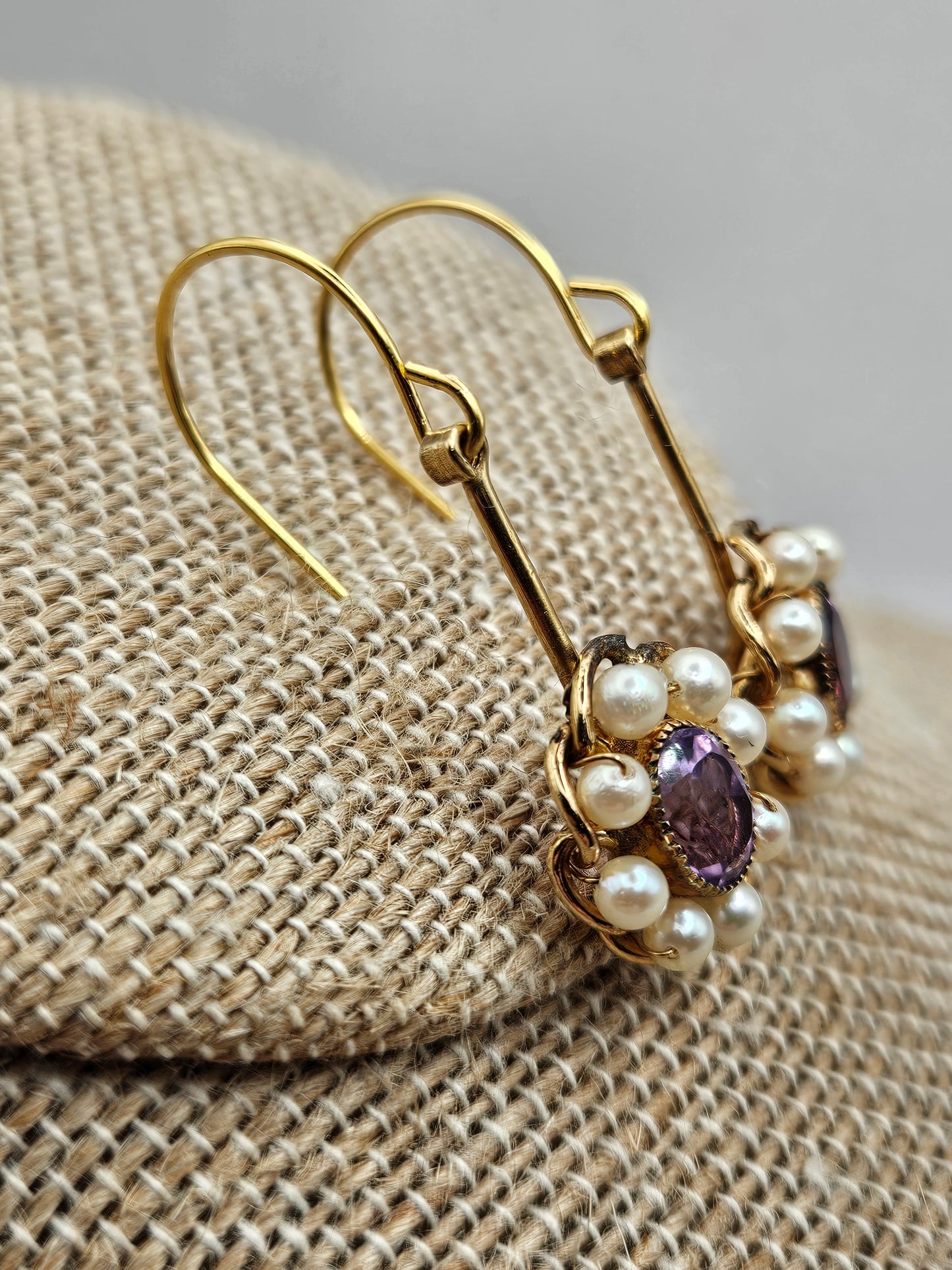 Amethyst Cultured Pearl Vintage 1950's Repurposed 12kgf Drop Earrings