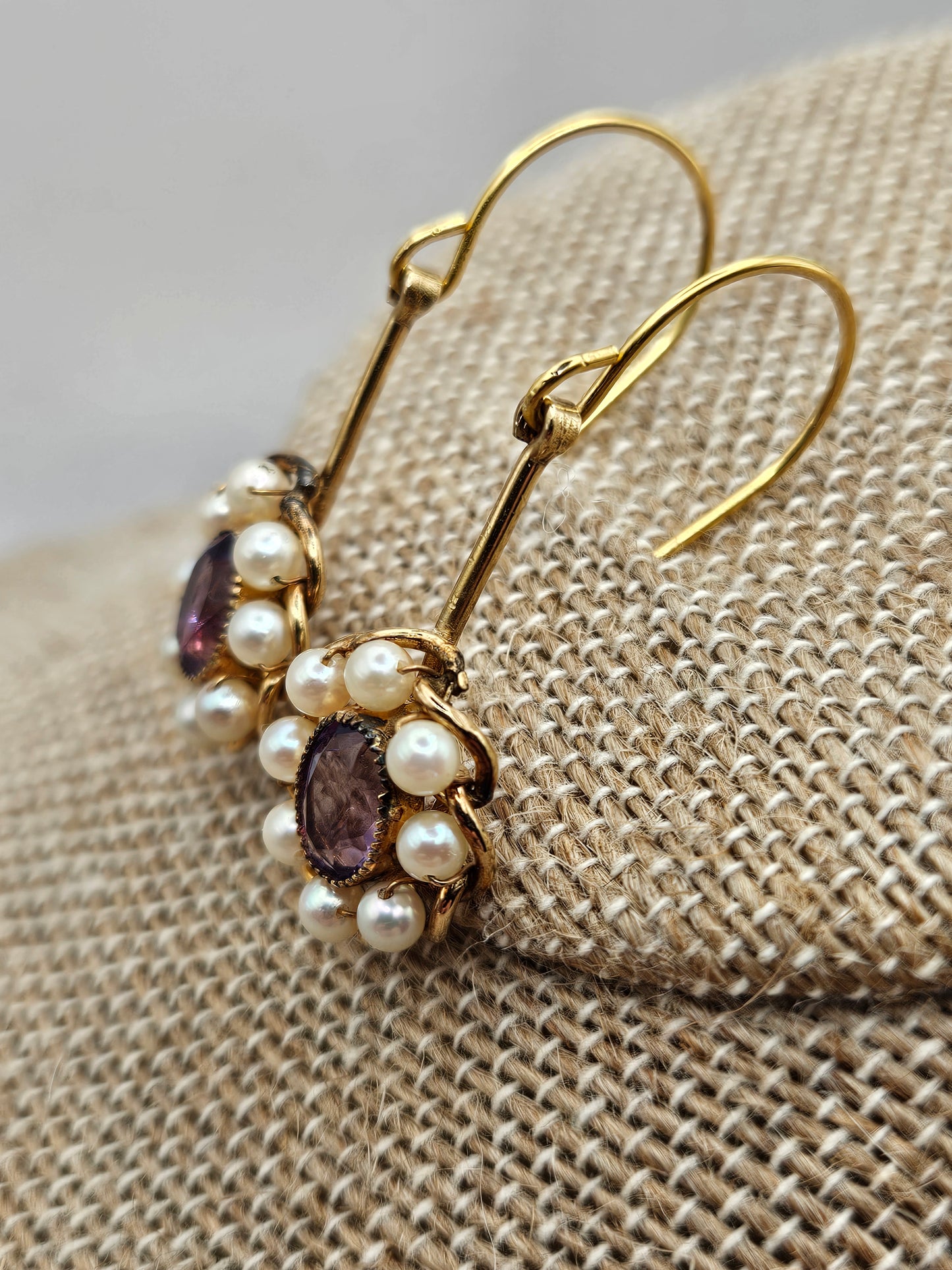Amethyst Cultured Pearl Vintage 1950's Repurposed 12kgf Drop Earrings