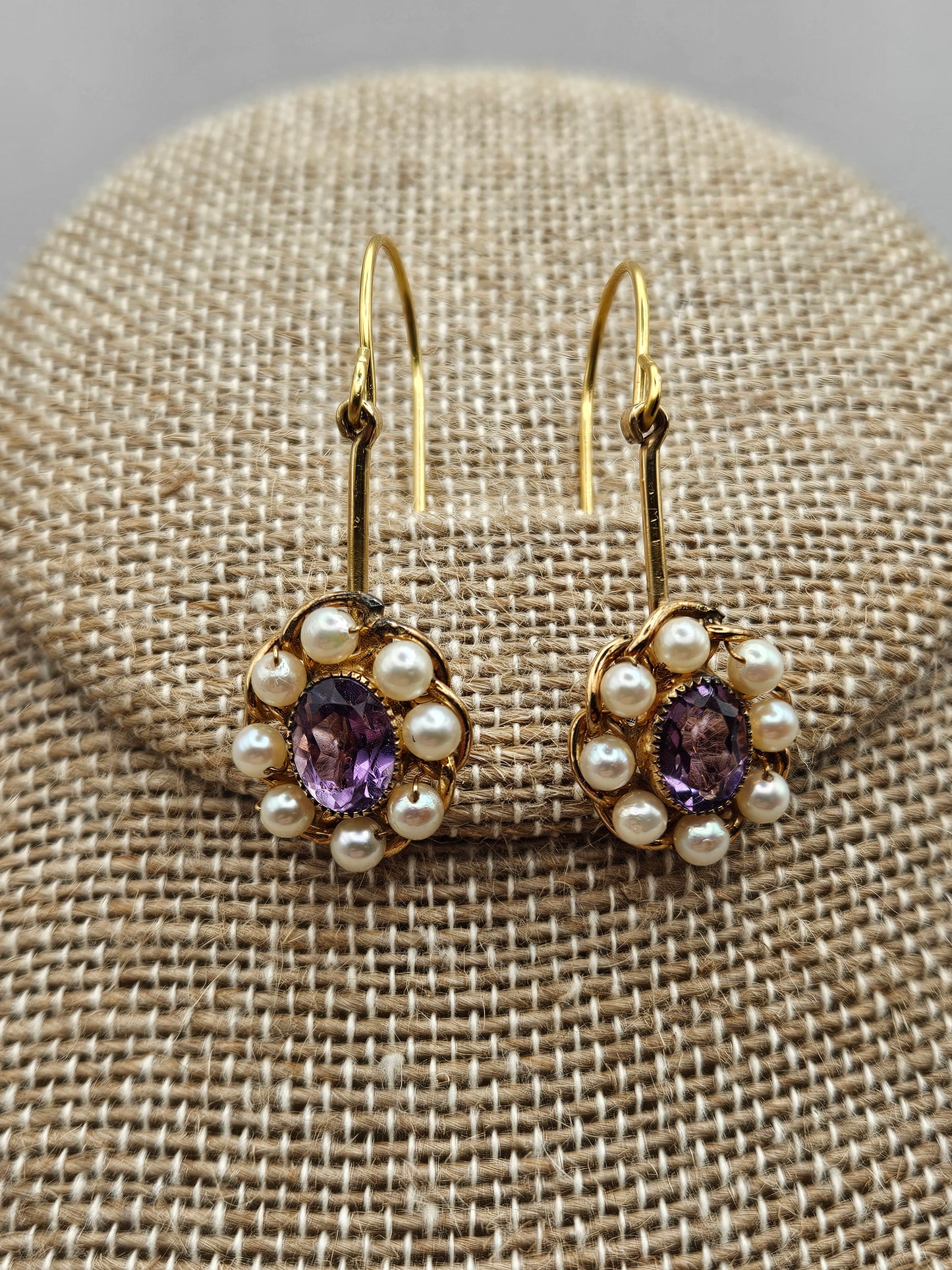 Amethyst Cultured Pearl Vintage 1950's Repurposed 12kgf Drop Earrings