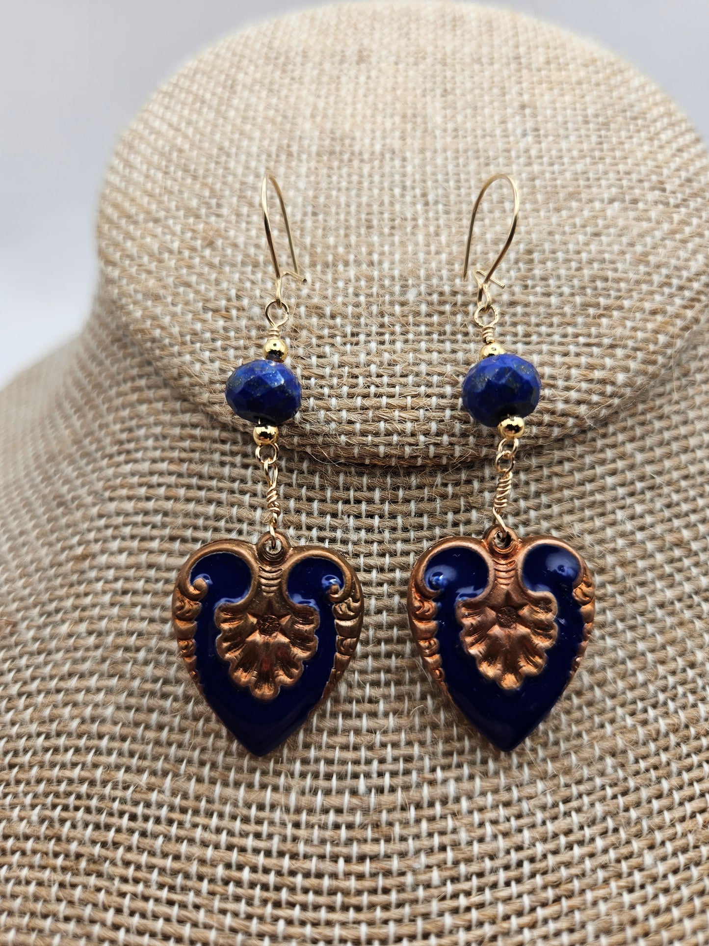 Vintage 1950's Guilloche Hearts & Lapis 14k Gold Filled Earrings