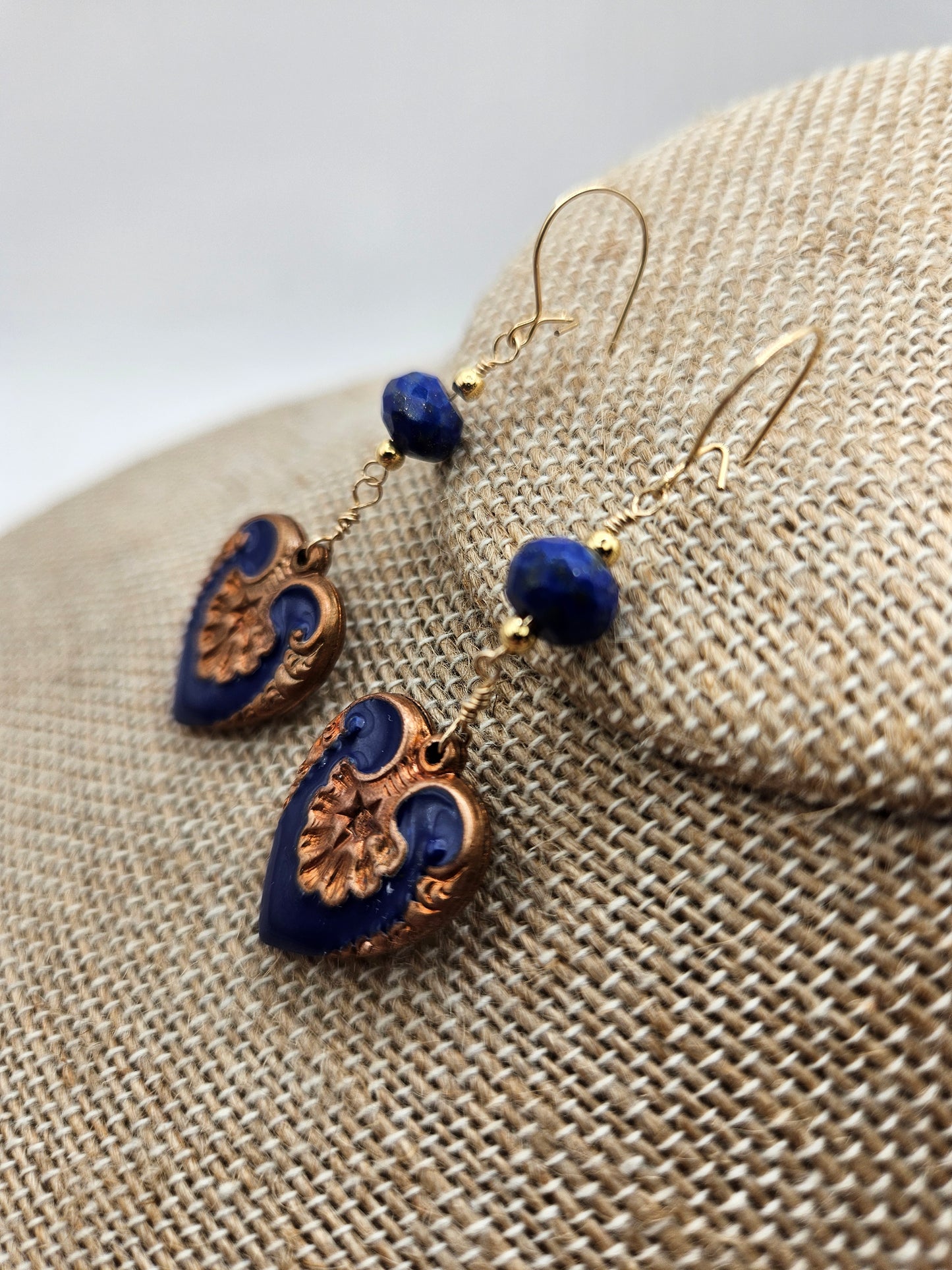 Vintage 1950's Guilloche Hearts & Lapis 14k Gold Filled Earrings