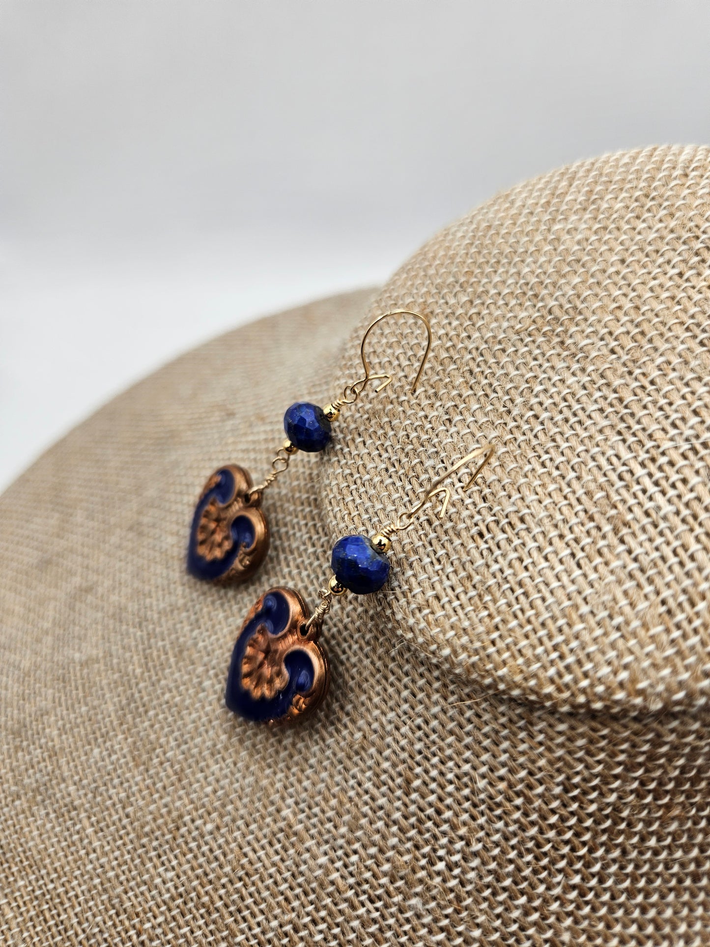 Vintage 1950's Guilloche Hearts & Lapis 14k Gold Filled Earrings