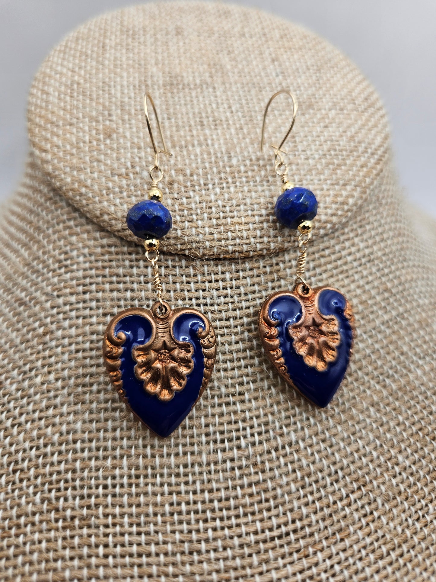 Vintage 1950's Guilloche Hearts & Lapis 14k Gold Filled Earrings