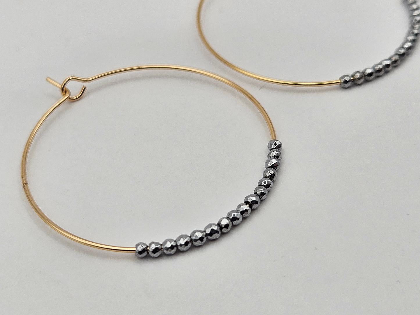 Mixed Metal 14k Yellow Gold-Filled Small Hoop & Hematite Bead (Silver Tone) Earrings