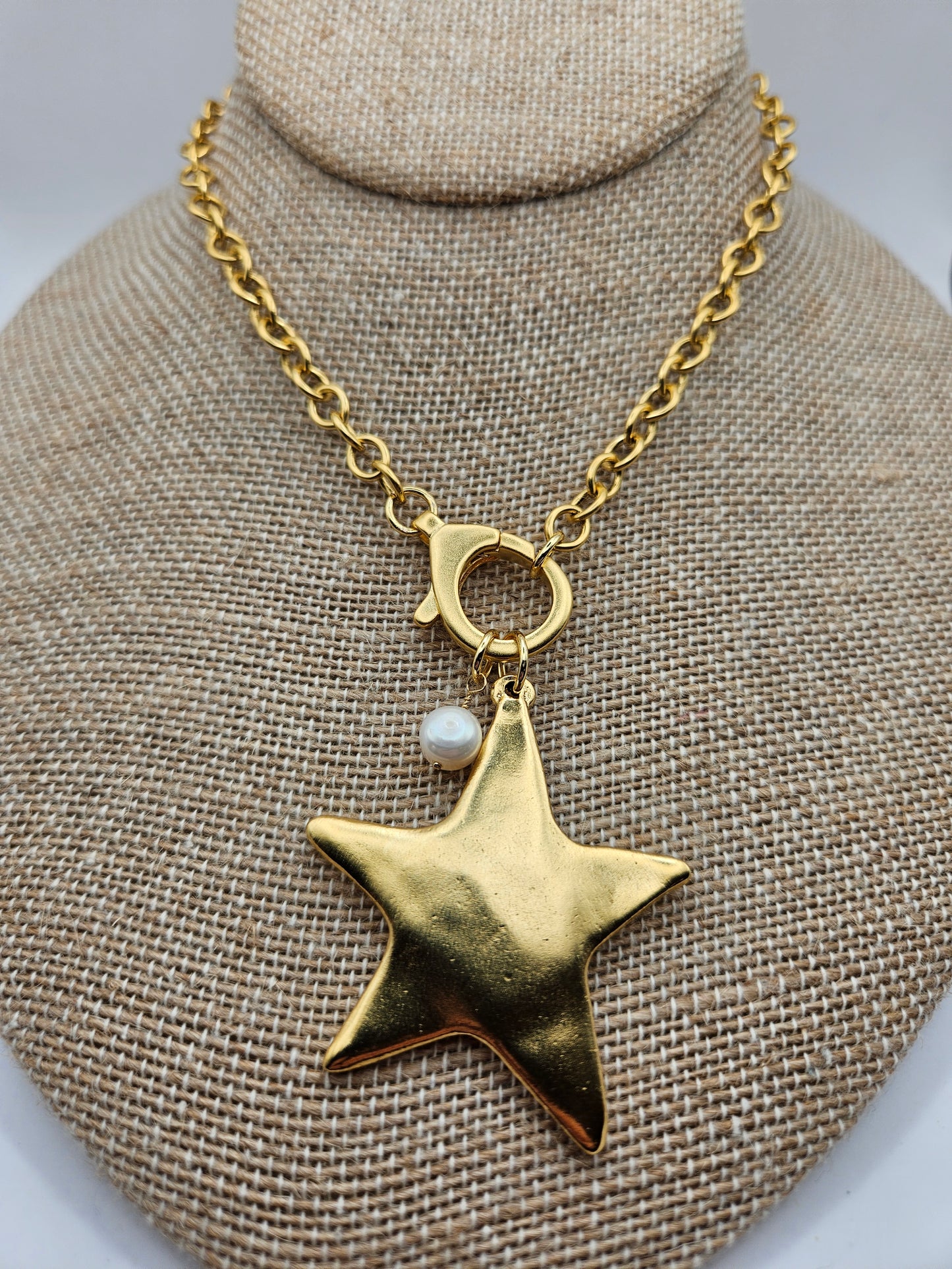 Antiqued 12kgf Star & Freshwater Pearl Chain Necklace