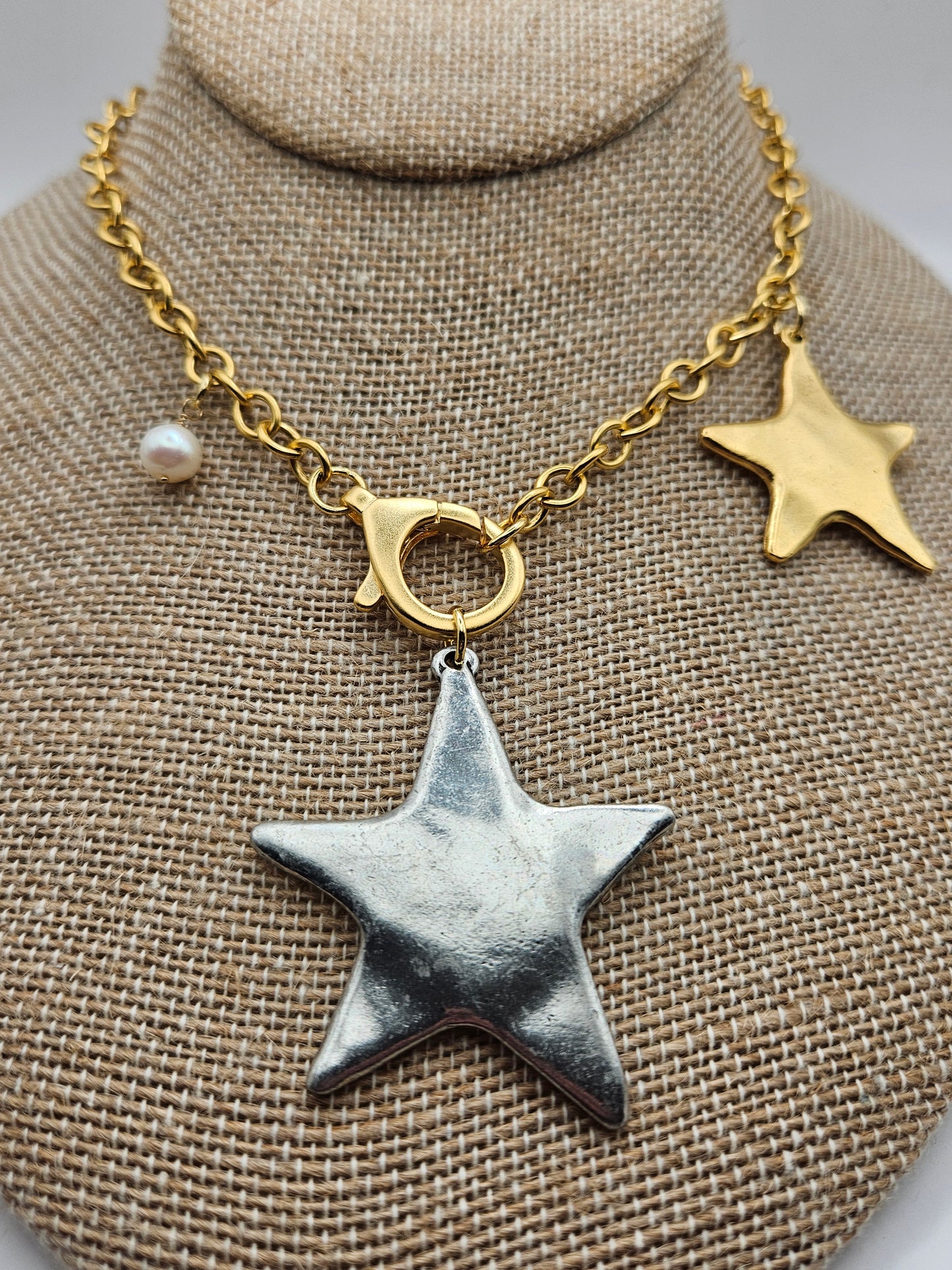 12k GF Antiqued Stars Mixed Metal & Freshwater Pearl Chain Necklace