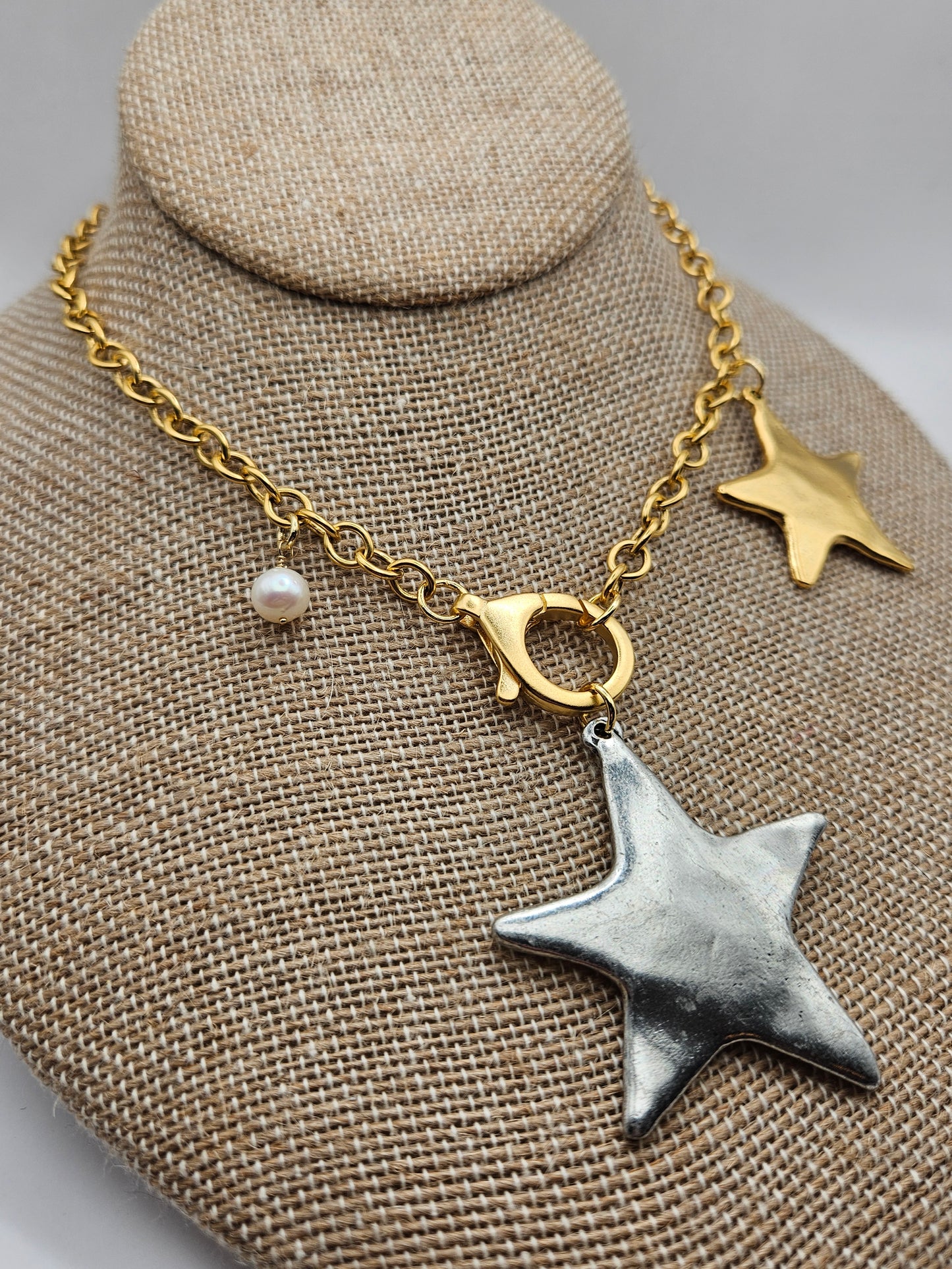12k GF Antiqued Stars Mixed Metal & Freshwater Pearl Chain Necklace