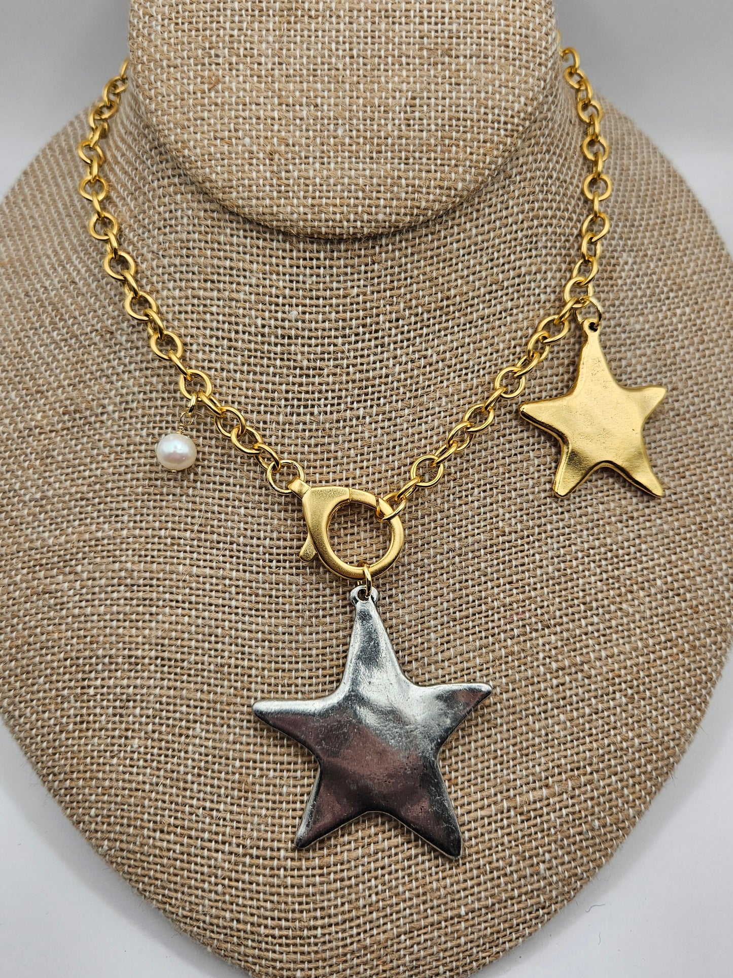 12k GF Antiqued Stars Mixed Metal & Freshwater Pearl Chain Necklace