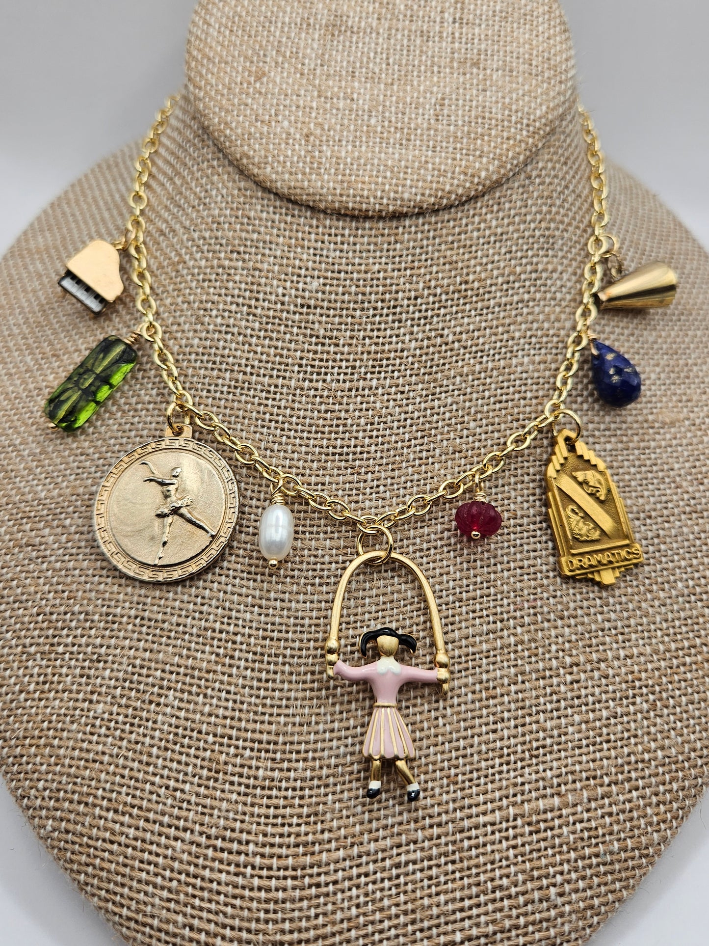 "Let's Play" Vintage Repurposed Charms & Gemstones Chain Necklace
