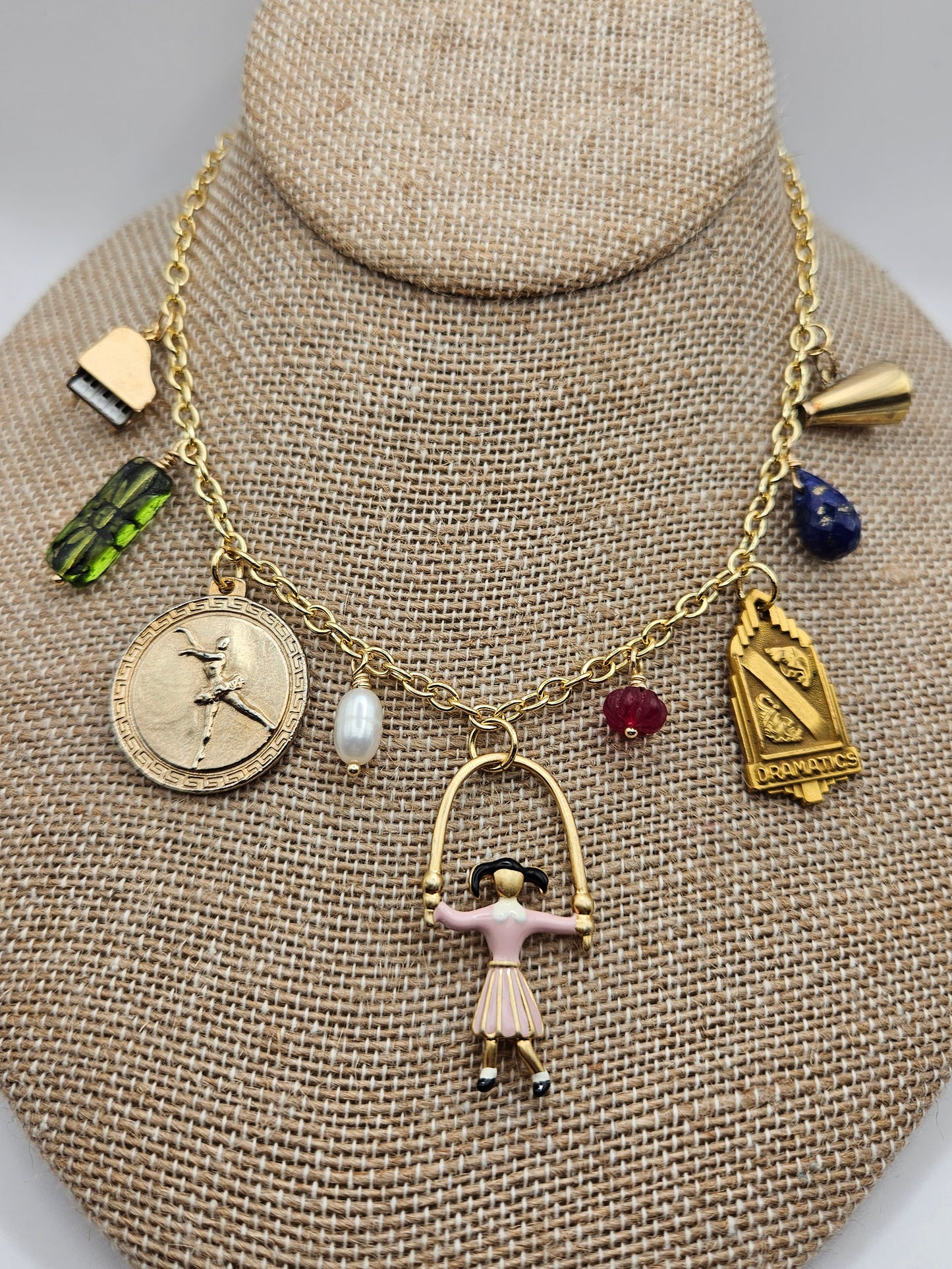 "Let's Play" Vintage Repurposed Charms & Gemstones Chain Necklace