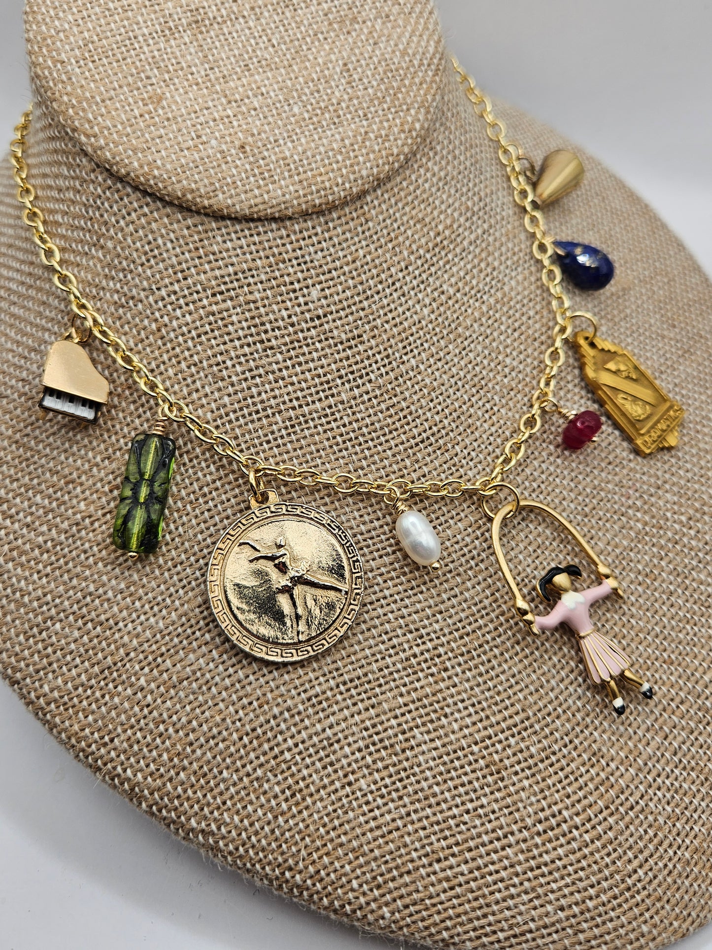 "Let's Play" Vintage Repurposed Charms & Gemstones Chain Necklace