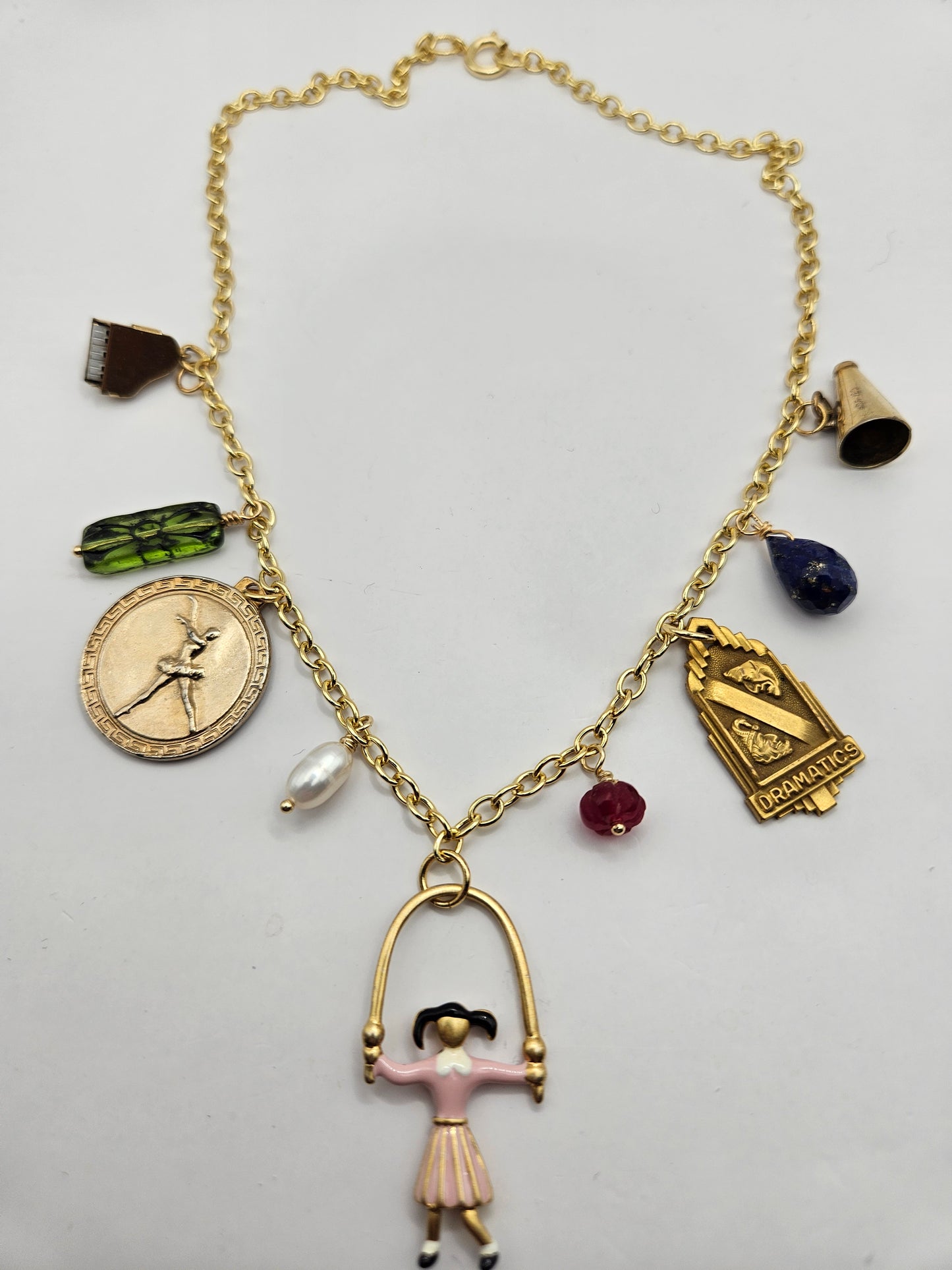 "Let's Play" Vintage Repurposed Charms & Gemstones Chain Necklace
