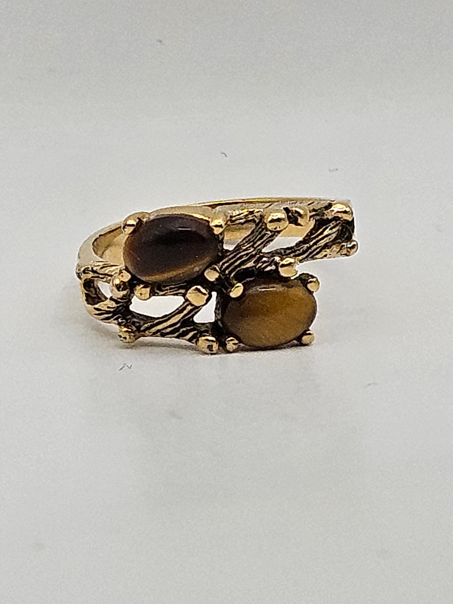 14kgf Vintage 1960's Double Tigers Eye Bamboo Detail Ring