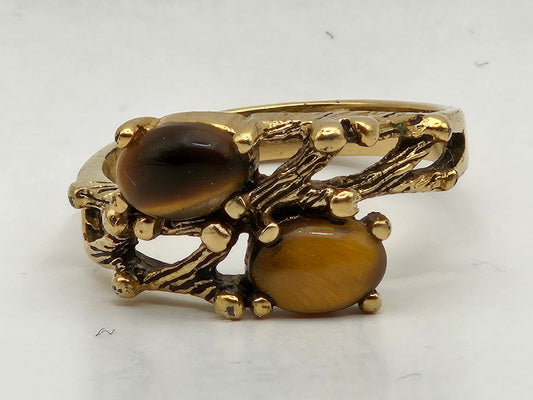 14kgf Vintage 1960's Double Tigers Eye Bamboo Detail Ring