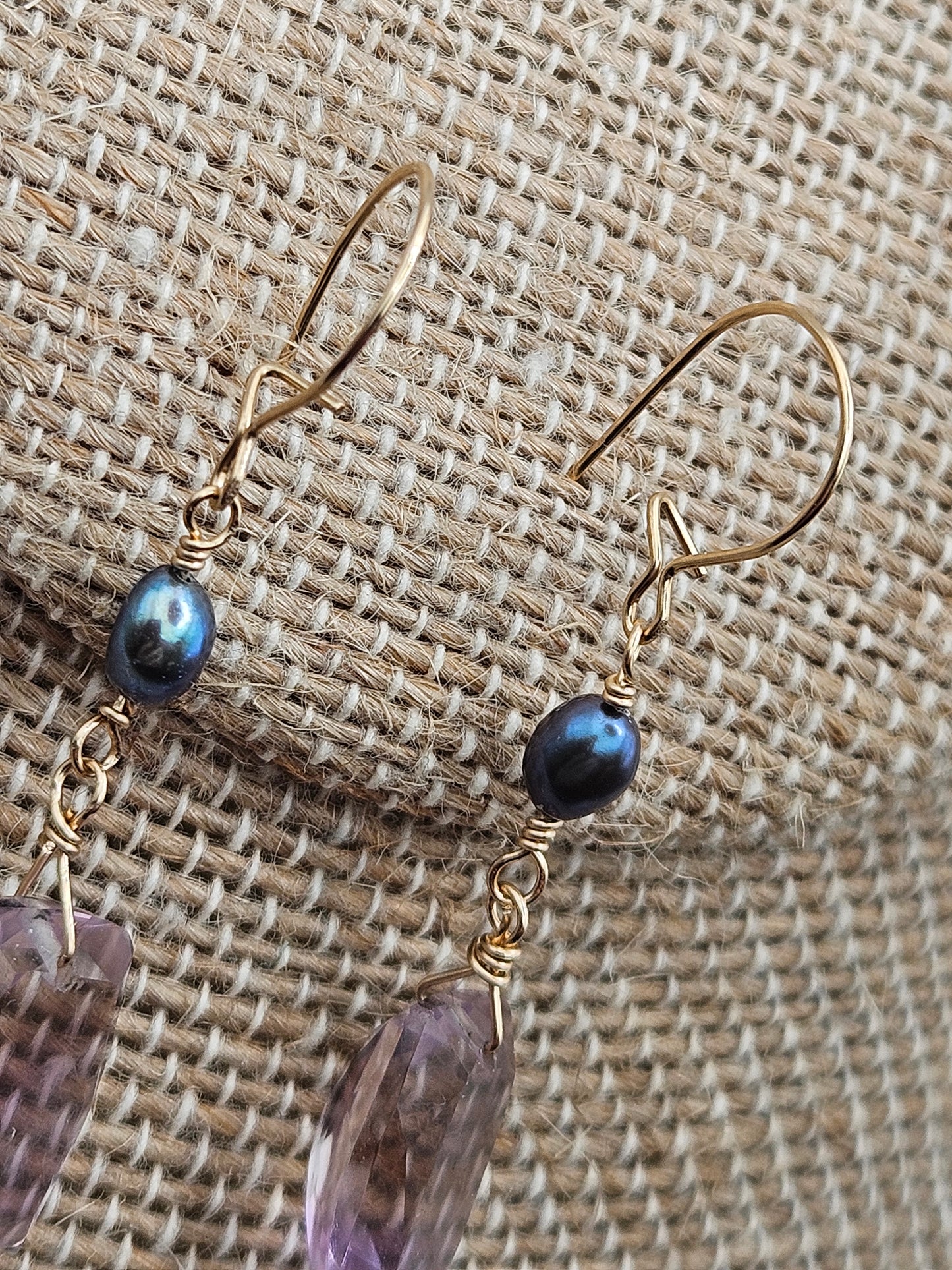 Pink Amethyst Freshwater Peacock Pearl 14k Gold Filled Dangle Earrings