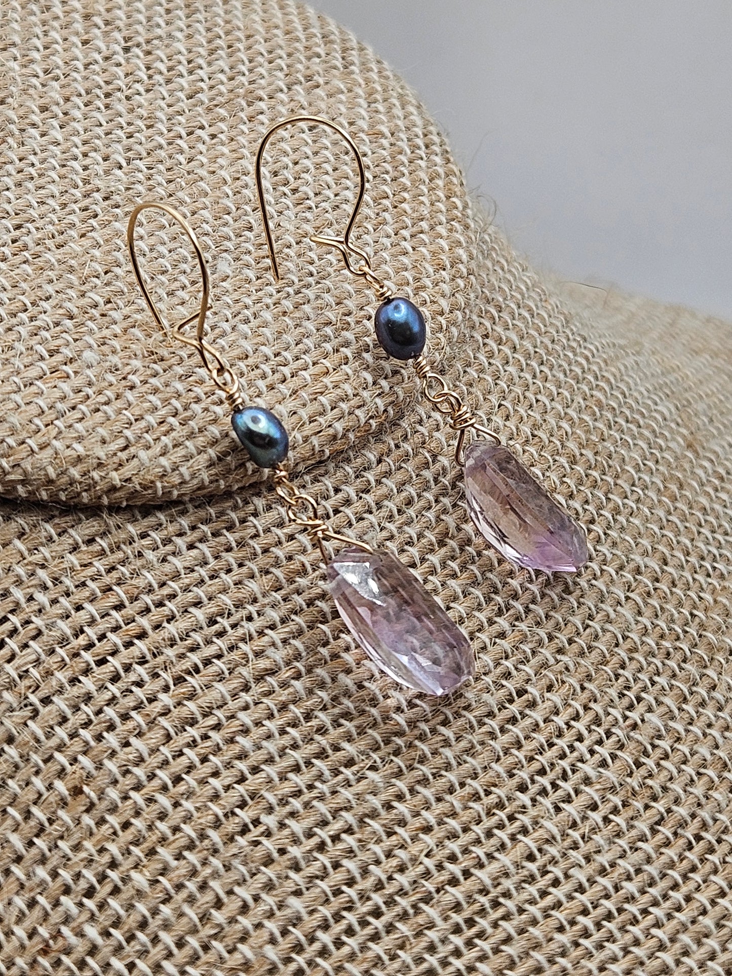 Pink Amethyst Freshwater Peacock Pearl 14k Gold Filled Dangle Earrings