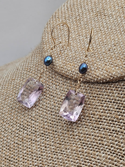 Pink Amethyst Freshwater Peacock Pearl 14k Gold Filled Dangle Earrings