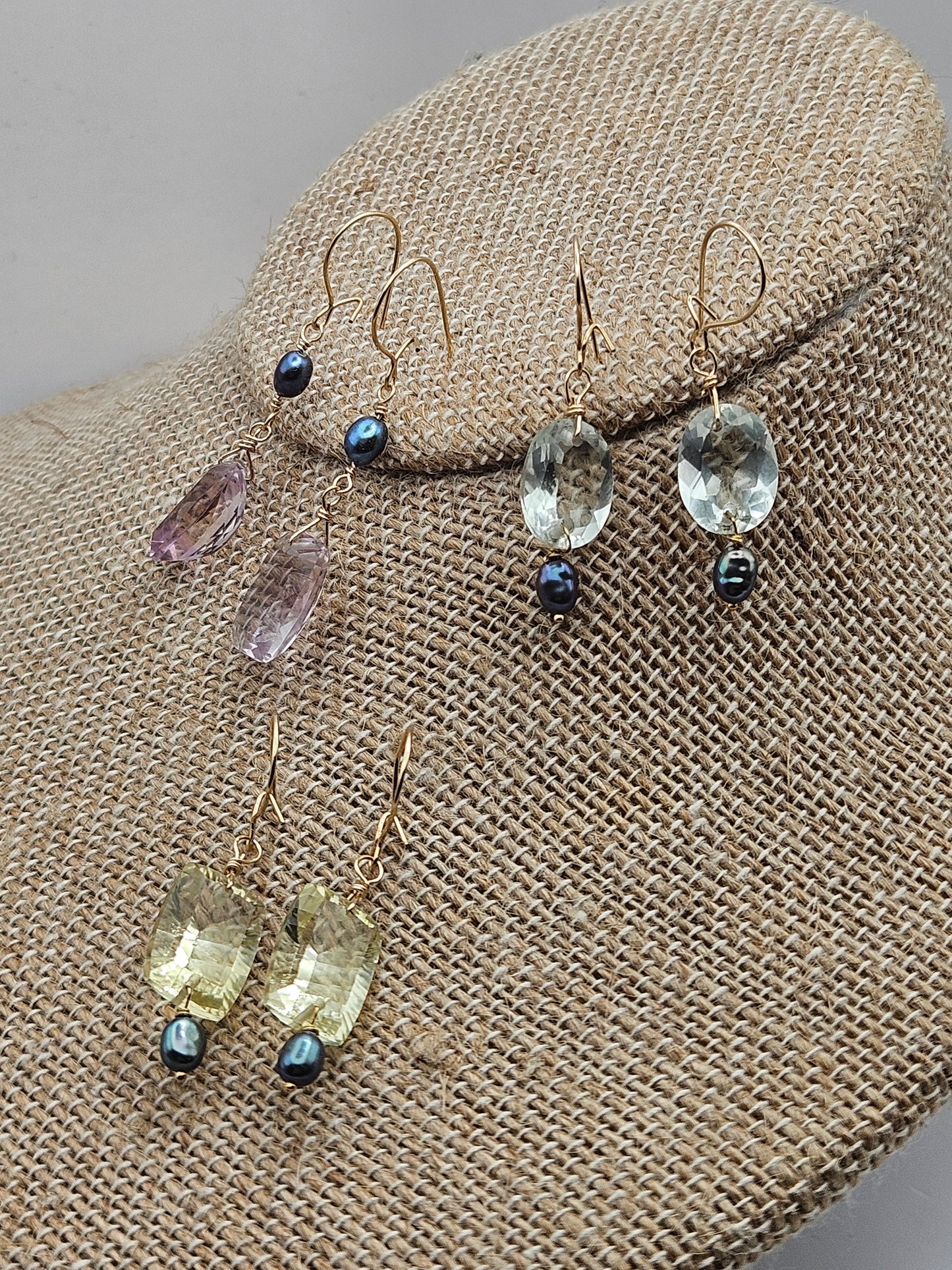 Prasiolite (Green Amethyst) Freshwater Peacock Pearl 14k Gold Filled Dangle Earrings