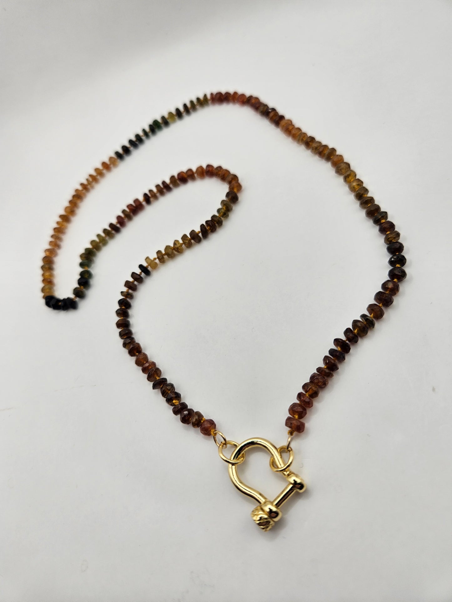 Petro Tourmaline Beads on Hand Knotted Silk Cord Charm Carabiner 14k GF Necklace