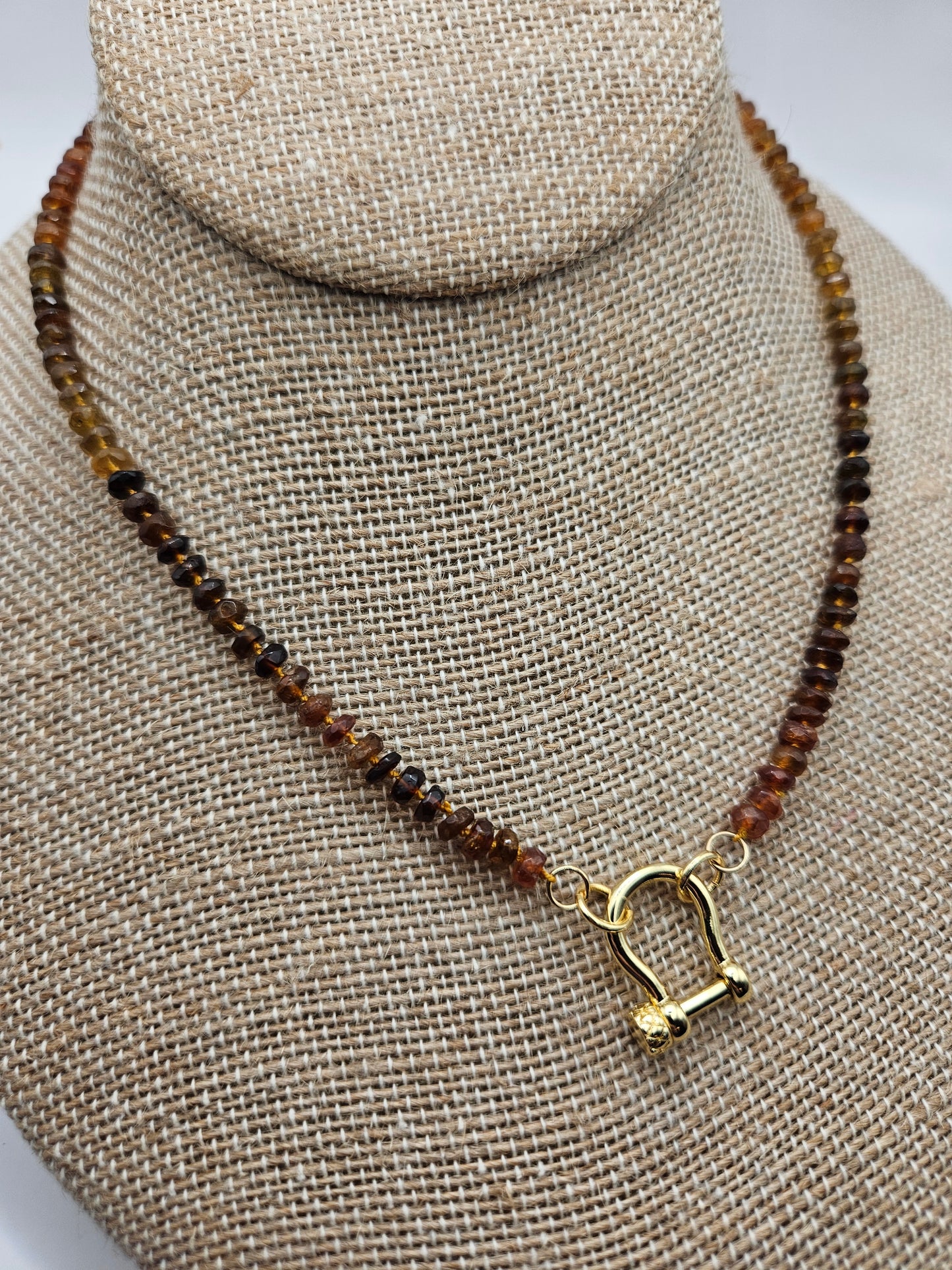 Petro Tourmaline Beads on Hand Knotted Silk Cord Charm Carabiner 14k GF Necklace