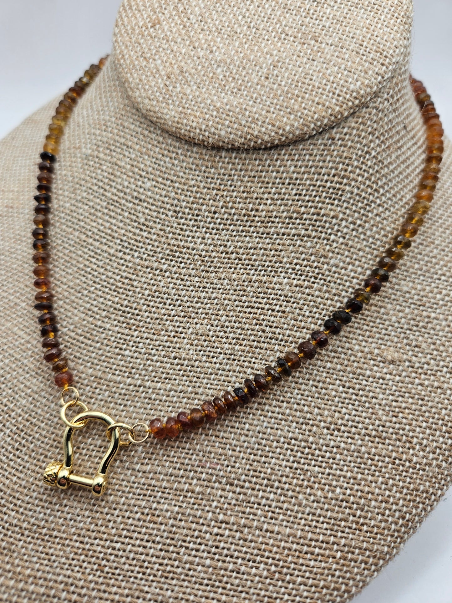 Petro Tourmaline Beads on Hand Knotted Silk Cord Charm Carabiner 14k GF Necklace