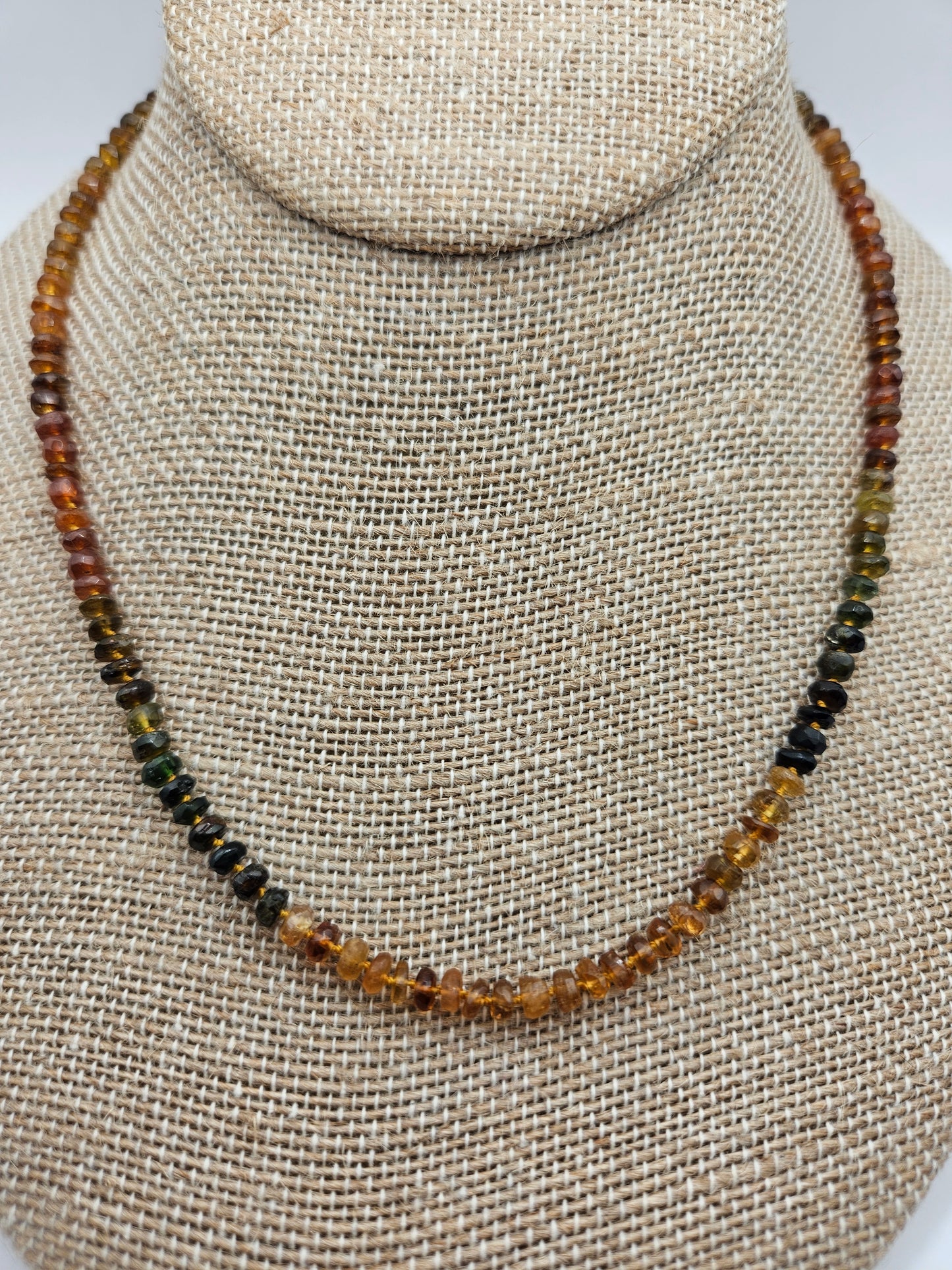 Petro Tourmaline Beads on Hand Knotted Silk Cord Charm Carabiner 14k GF Necklace