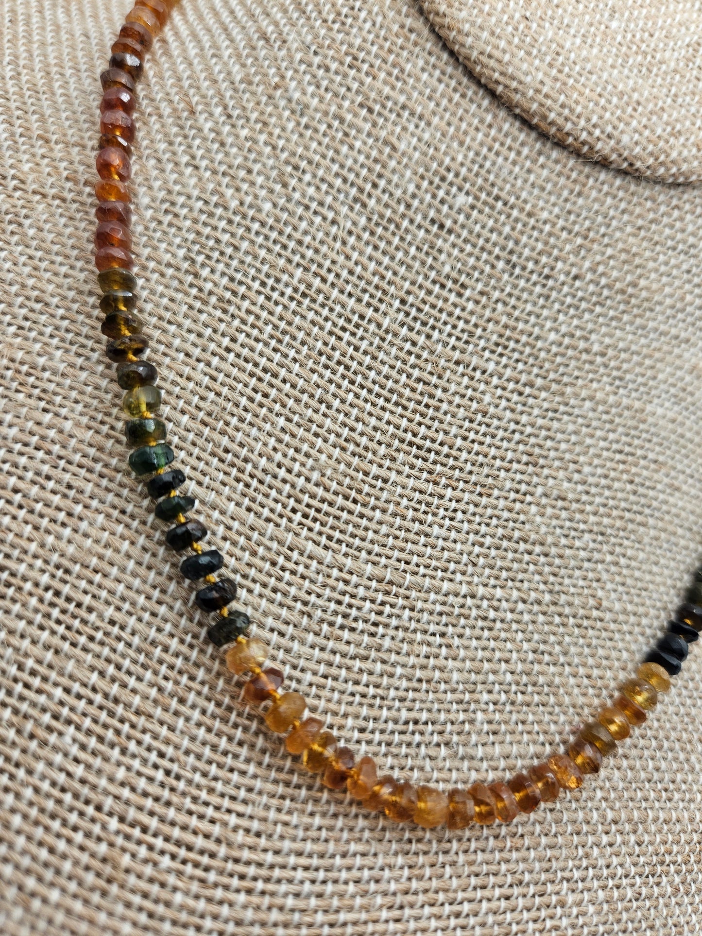 Petro Tourmaline Beads on Hand Knotted Silk Cord Charm Carabiner 14k GF Necklace