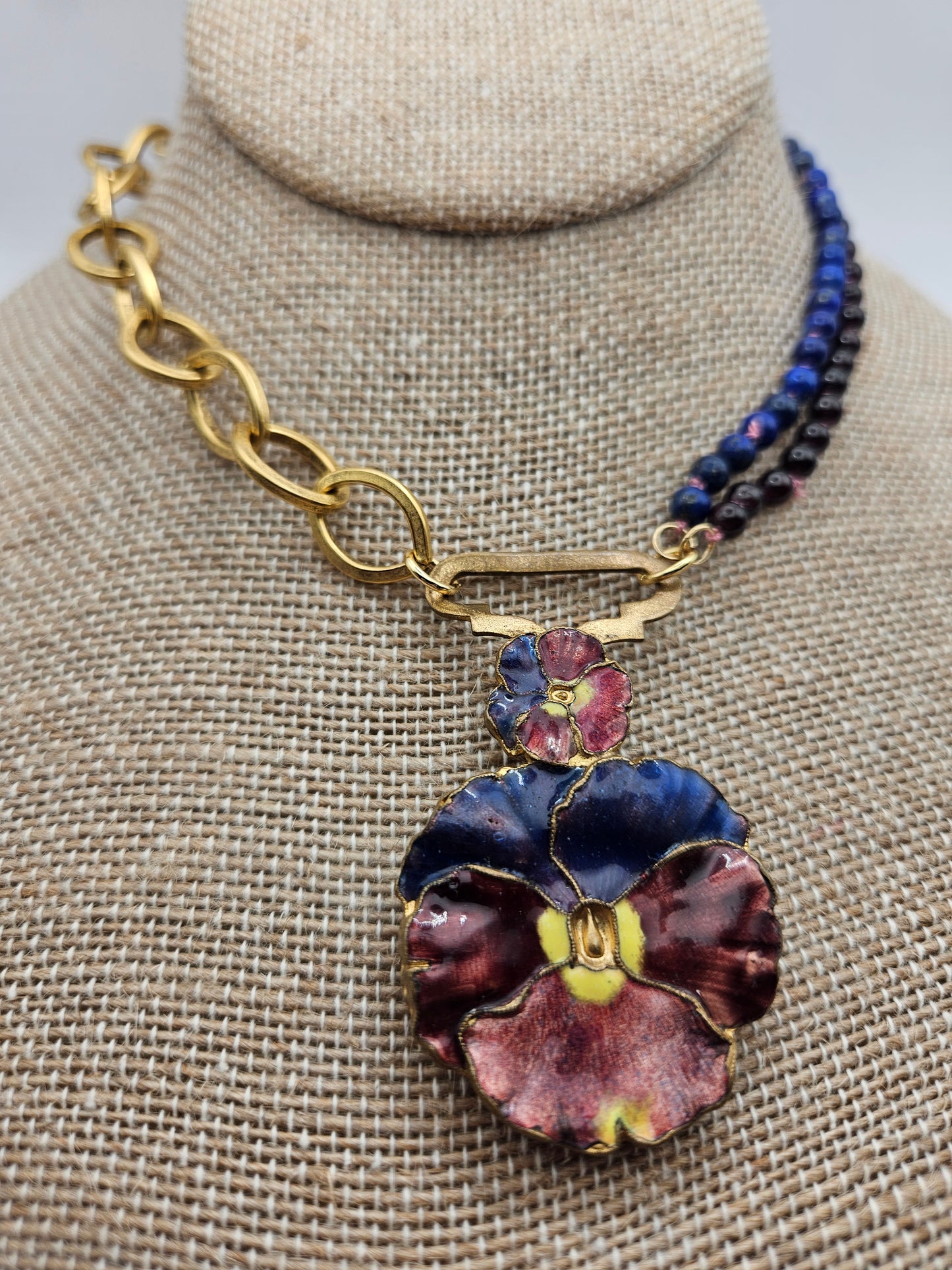 Antique 20's Pansy Enamel Buckle Garnet & Lapis 12k GF Chunky Chain Necklace