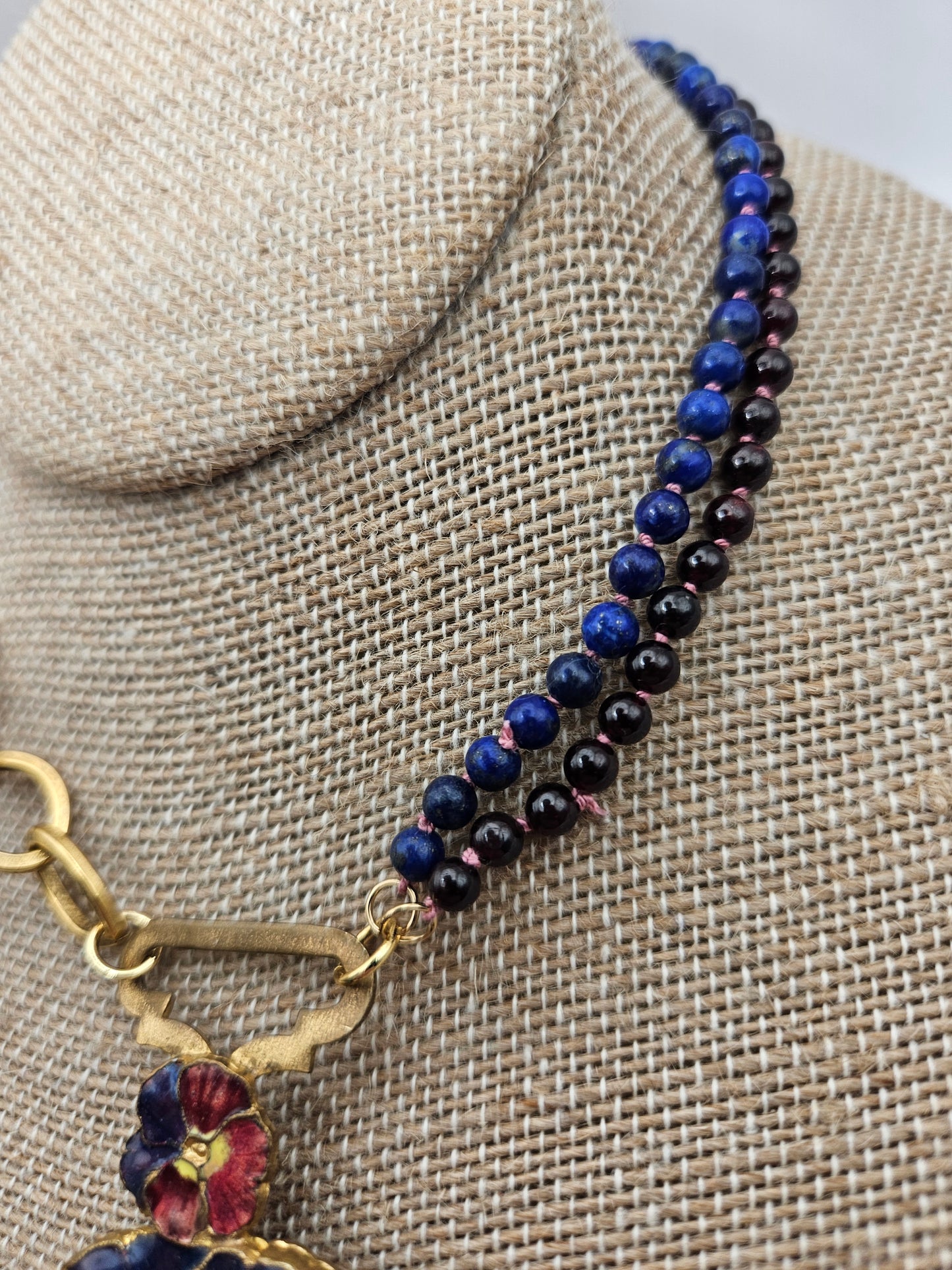 Antique 20's Pansy Enamel Buckle Garnet & Lapis 12k GF Chunky Chain Necklace