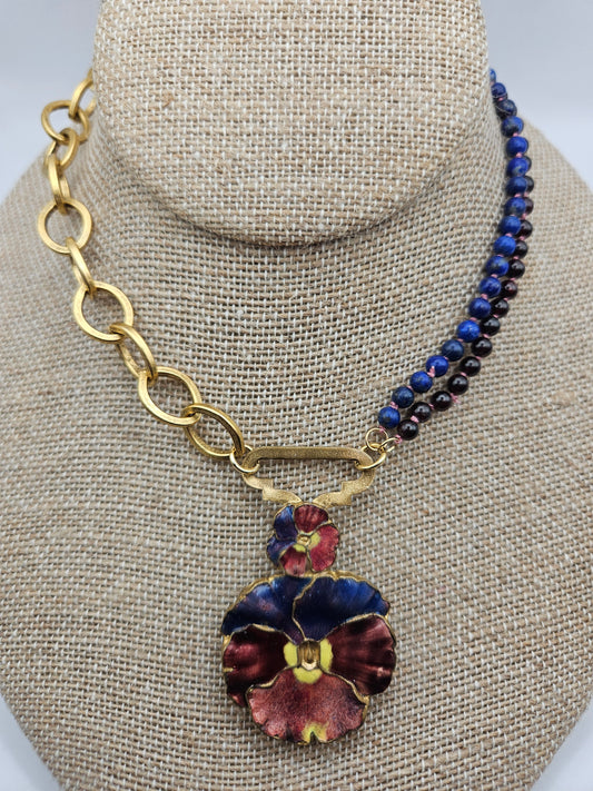 Antique 20's Pansy Enamel Buckle Garnet & Lapis 12k GF Chunky Chain Necklace