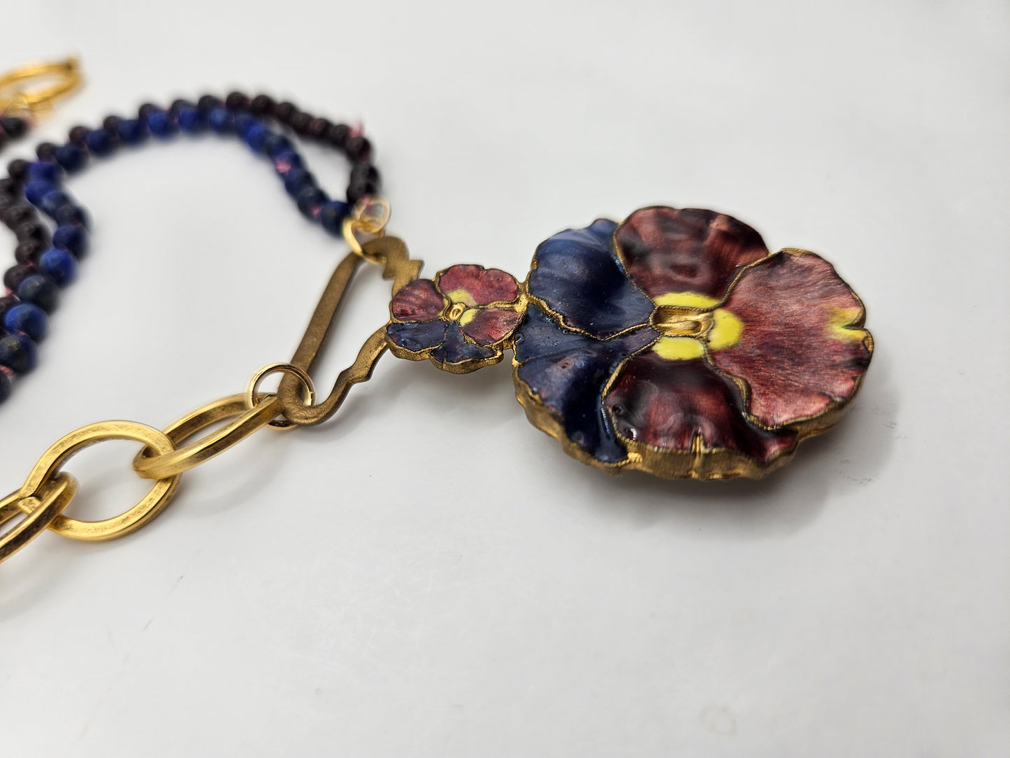 Antique 20's Pansy Enamel Buckle Garnet & Lapis 12k GF Chunky Chain Necklace