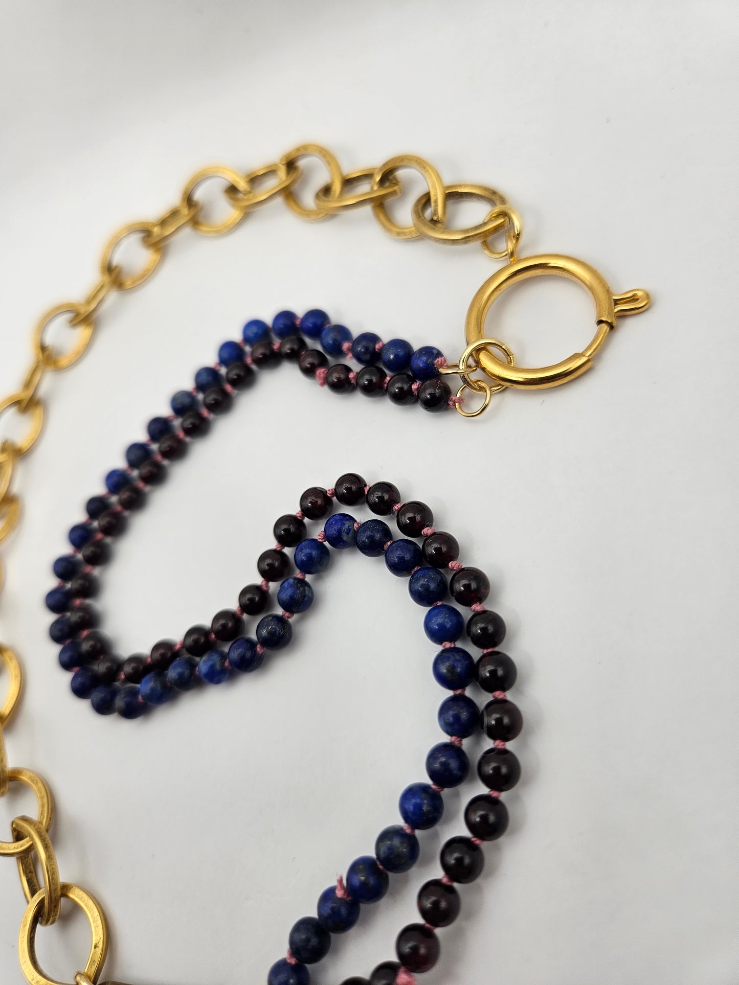 Antique 20's Pansy Enamel Buckle Garnet & Lapis 12k GF Chunky Chain Necklace
