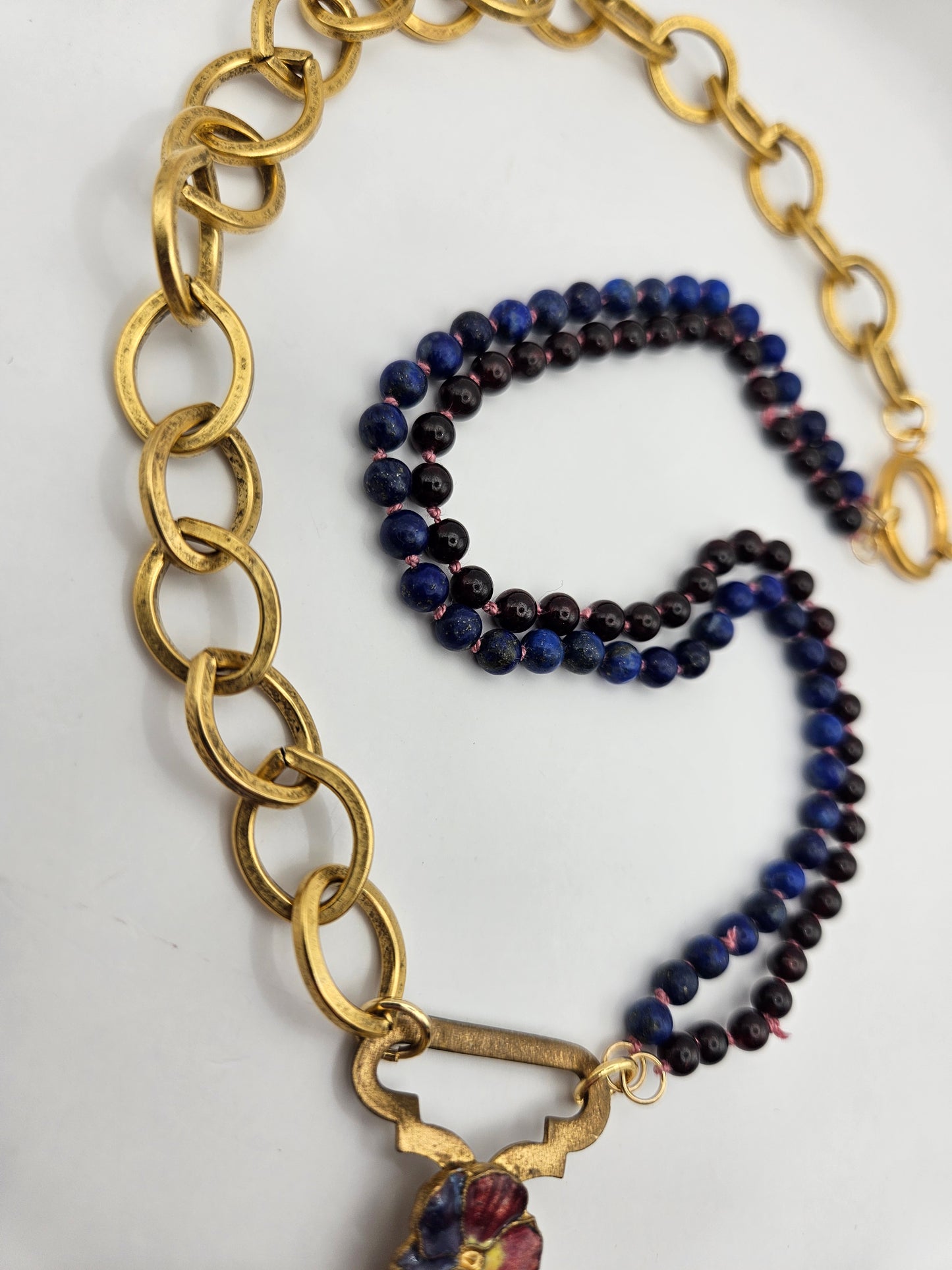 Antique 20's Pansy Enamel Buckle Garnet & Lapis 12k GF Chunky Chain Necklace