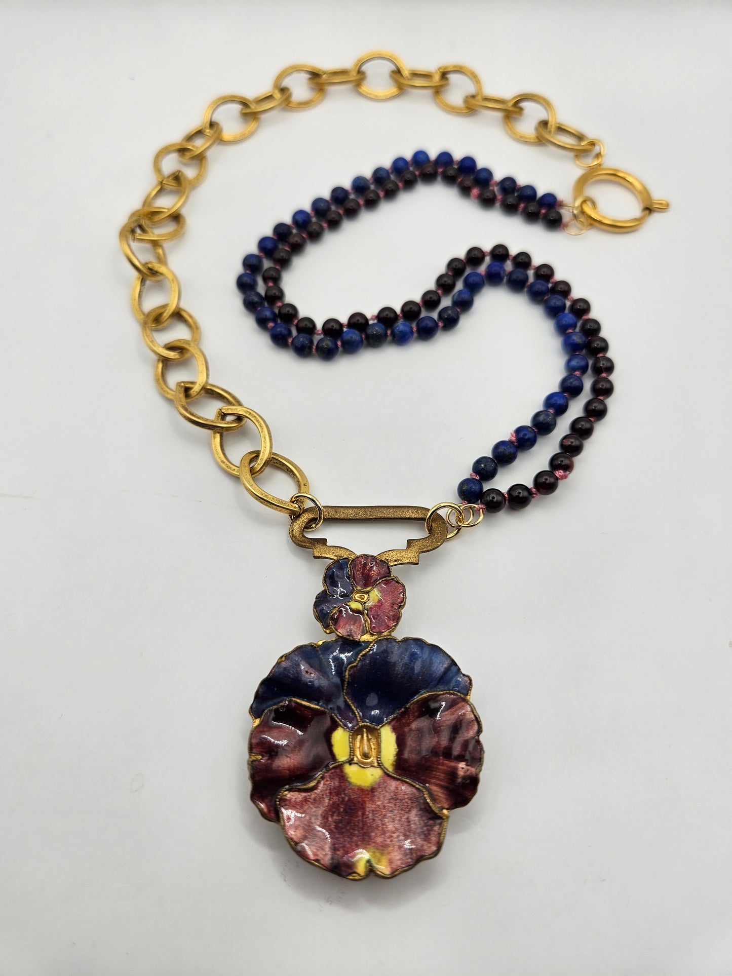 Antique 20's Pansy Enamel Buckle Garnet & Lapis 12k GF Chunky Chain Necklace